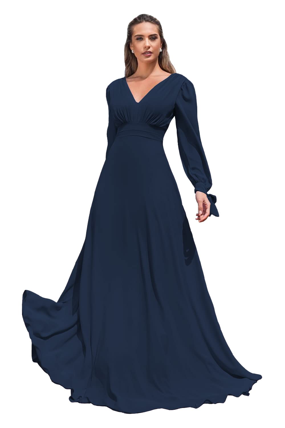 Elegant Long Sleeve Chiffon Bridesmaid Dress - A-Line Pleated Formal Gown for Women in Navy Blue (Size 14) | Perfect for Weddings, Parties & Special Occasions