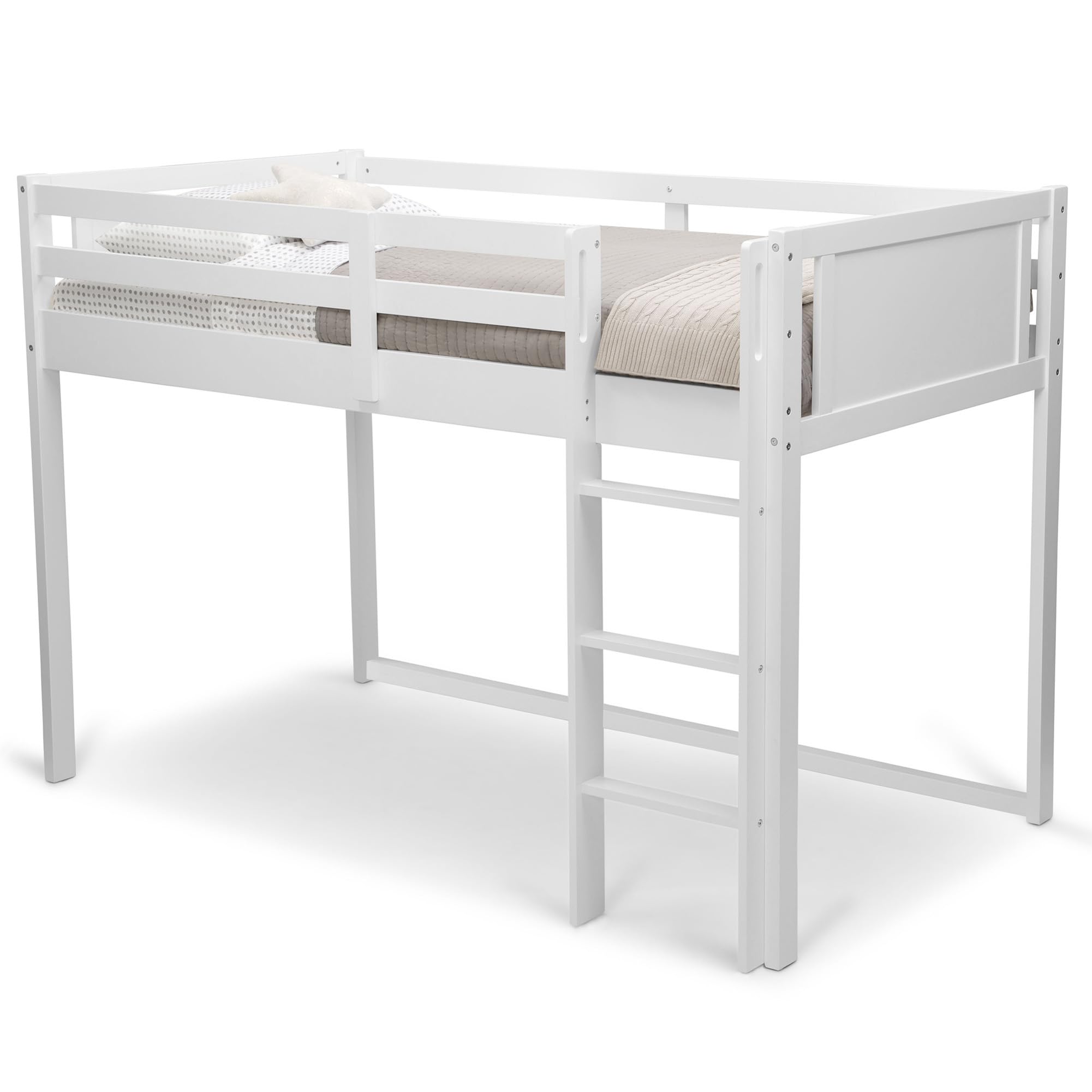 Delta Children Twin Loft Bed with Guardrail & Ladder - White | Safe Kids Bunk Bed for Small Spaces | Coordinates with Disney Princess & JoJo Siwa Tents | Perfect for Bedrooms, Dorms & Tiny Homes