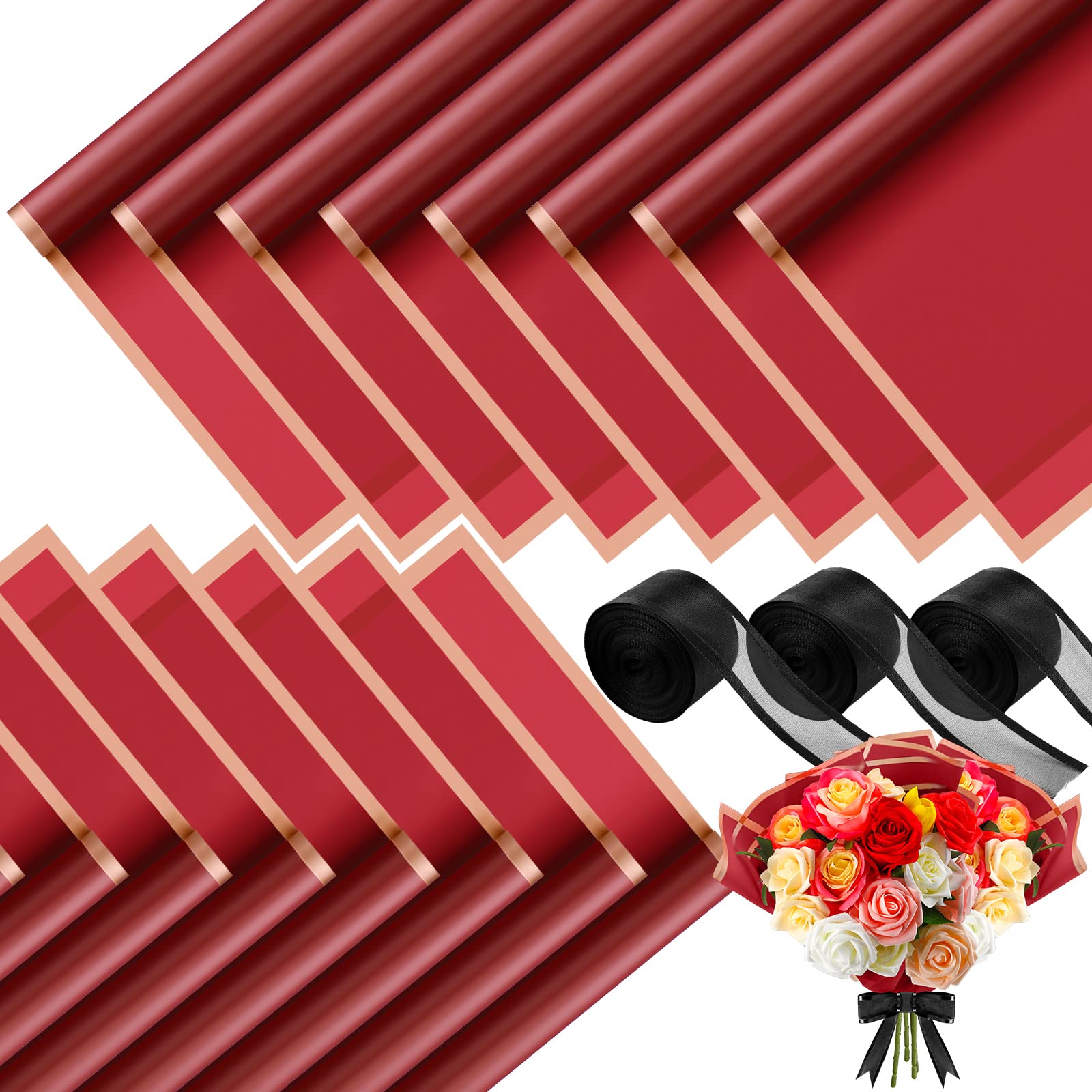 60 Sheets Floral Wrapping Paper - Waterproof Bouquet Wrap with Gold Edge for DIY Gifts & Wedding Decor (Red/Black)