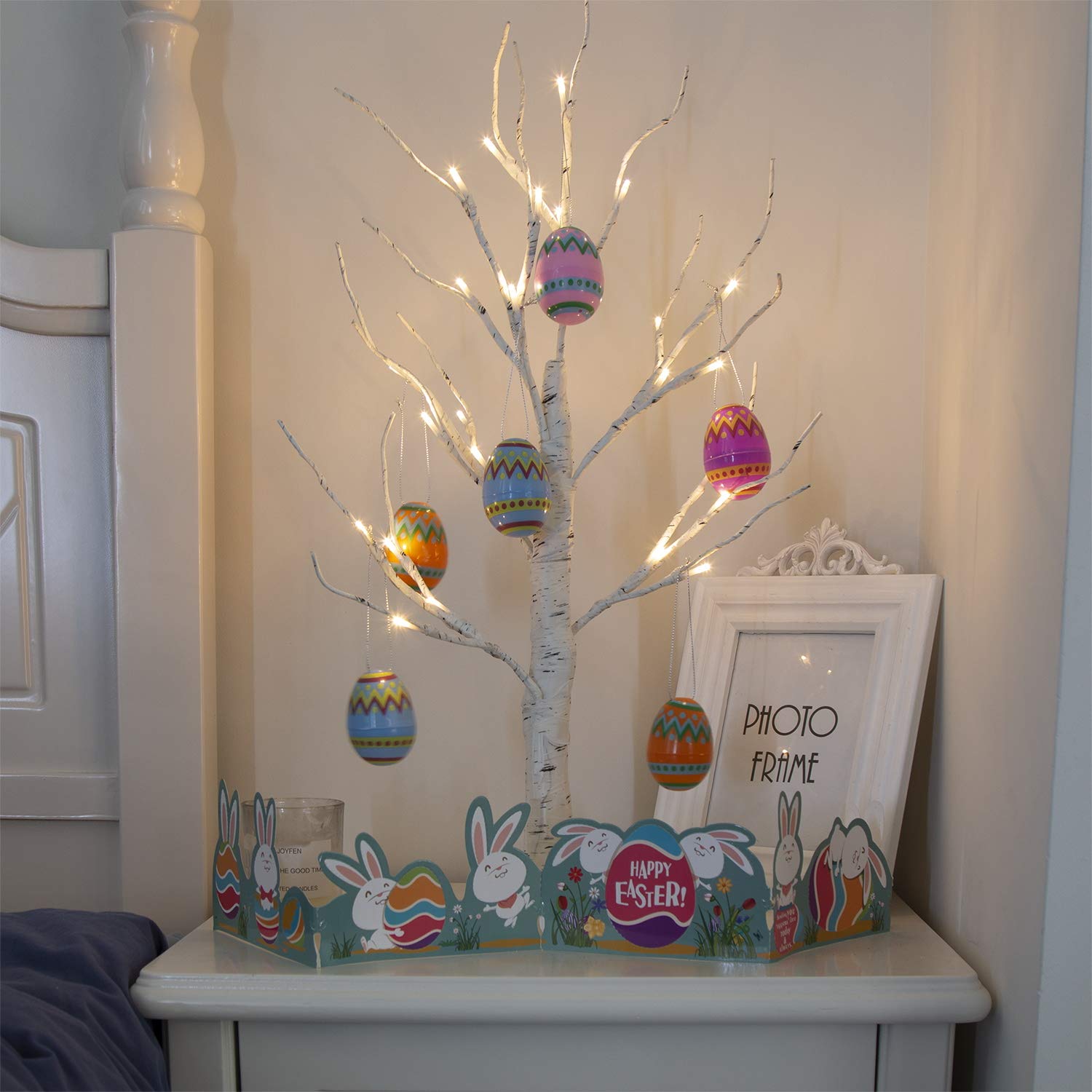 2FT 24LT Battery Powered Easter Egg Tree with Timer - Pre-lit White Birch Easter Decorations for Home, Party & Spring - Indoor/Outdoor Holiday Decor for Easter Celebrations, Garden & Living Room