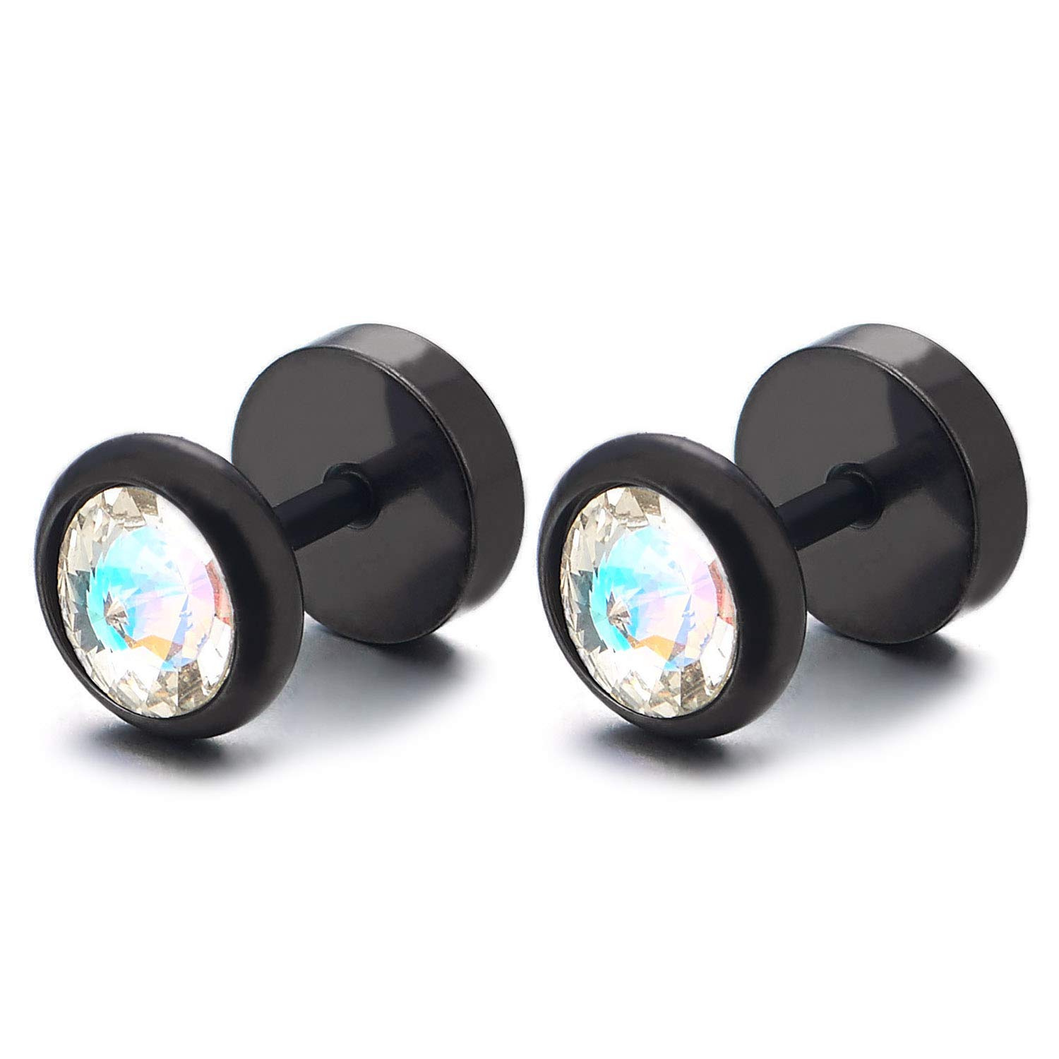 8MM Black CZ Spiked Stud Earrings for Men & Women - Stainless Steel Fake Ear Plugs & Gauges Tunnel - Perfect for Punk, Gothic & Alternative Fashion Styles
