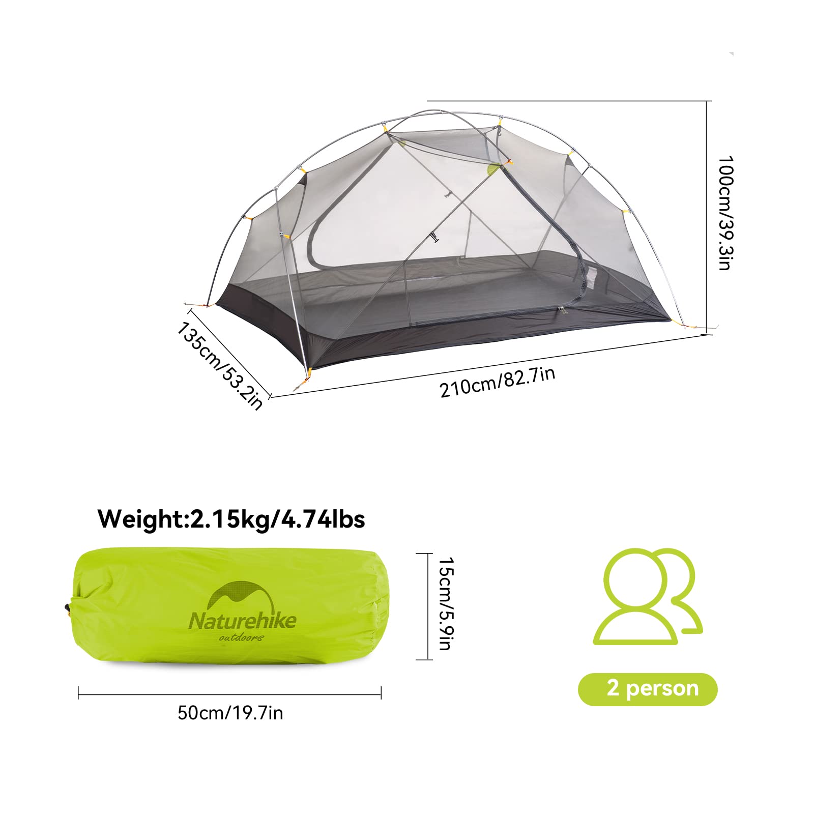 Naturehike Mongar 2-Person Ultralight Backpacking Tent - 3-4 Season Waterproof & Insect Proof Camping Tent for Hiking, Climbing, Mountaineering - Double Layer Design (20D Emerald Green) - Perfect for Outdoor Adventures, Backpacking Trips & Wilderness Camping