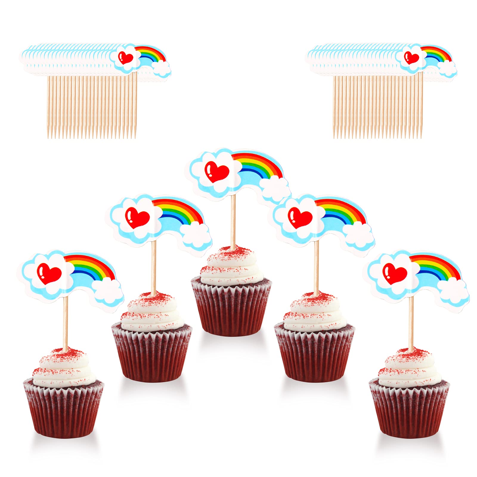 Colorful Rainbow Heart Cupcake Toppers - 48PCS Cake Decorations for Kids Birthday Party, Baby Shower & Wedding - Edible Cupcake Picks for Desserts, Cakes & Baking Supplies