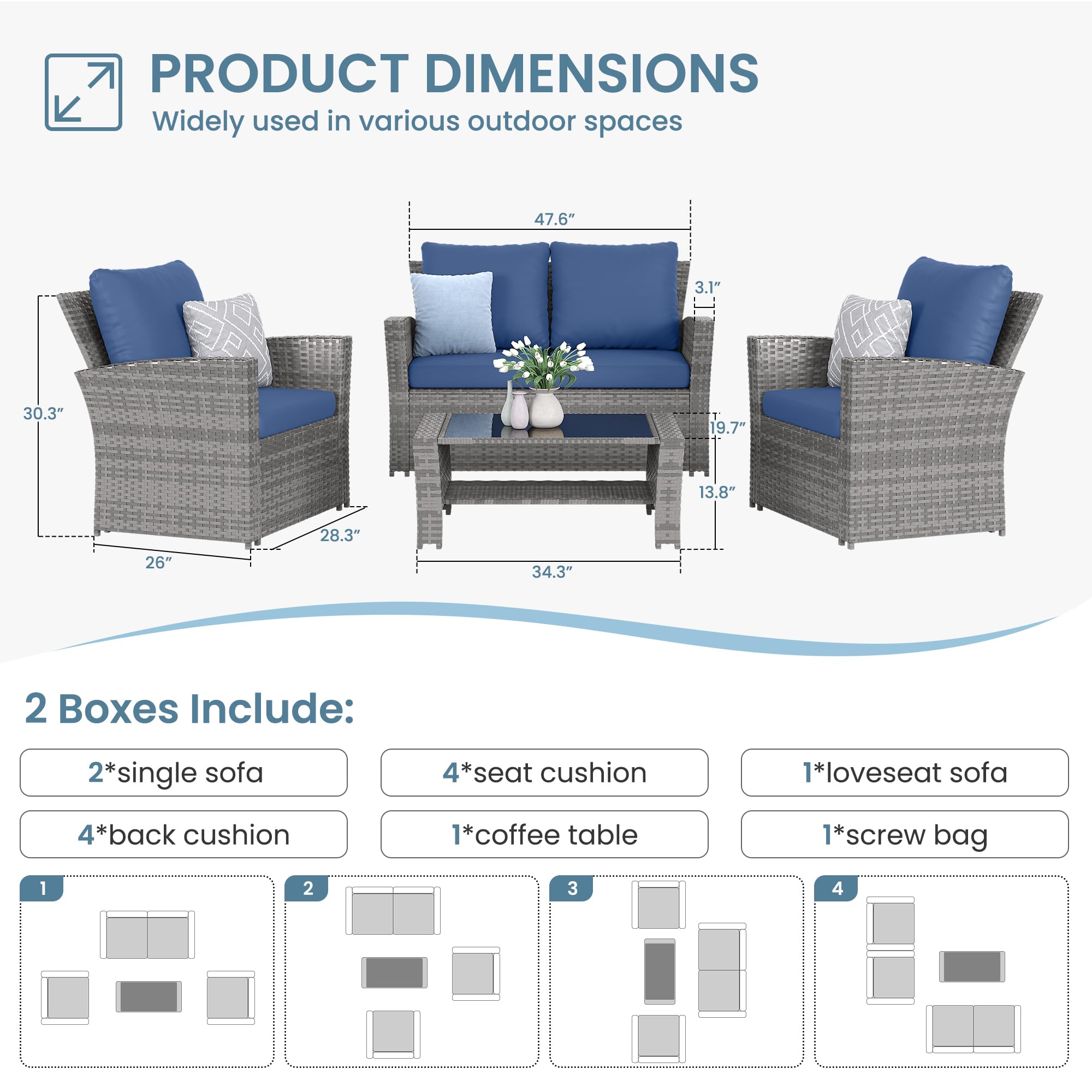 **Amopatio 4-Piece Outdoor Furniture Set - Navy Blue Wicker Sectional Sofa, Rattan Patio Conversation Set for Backyard, Porch, Balcony & Garden Relaxation**