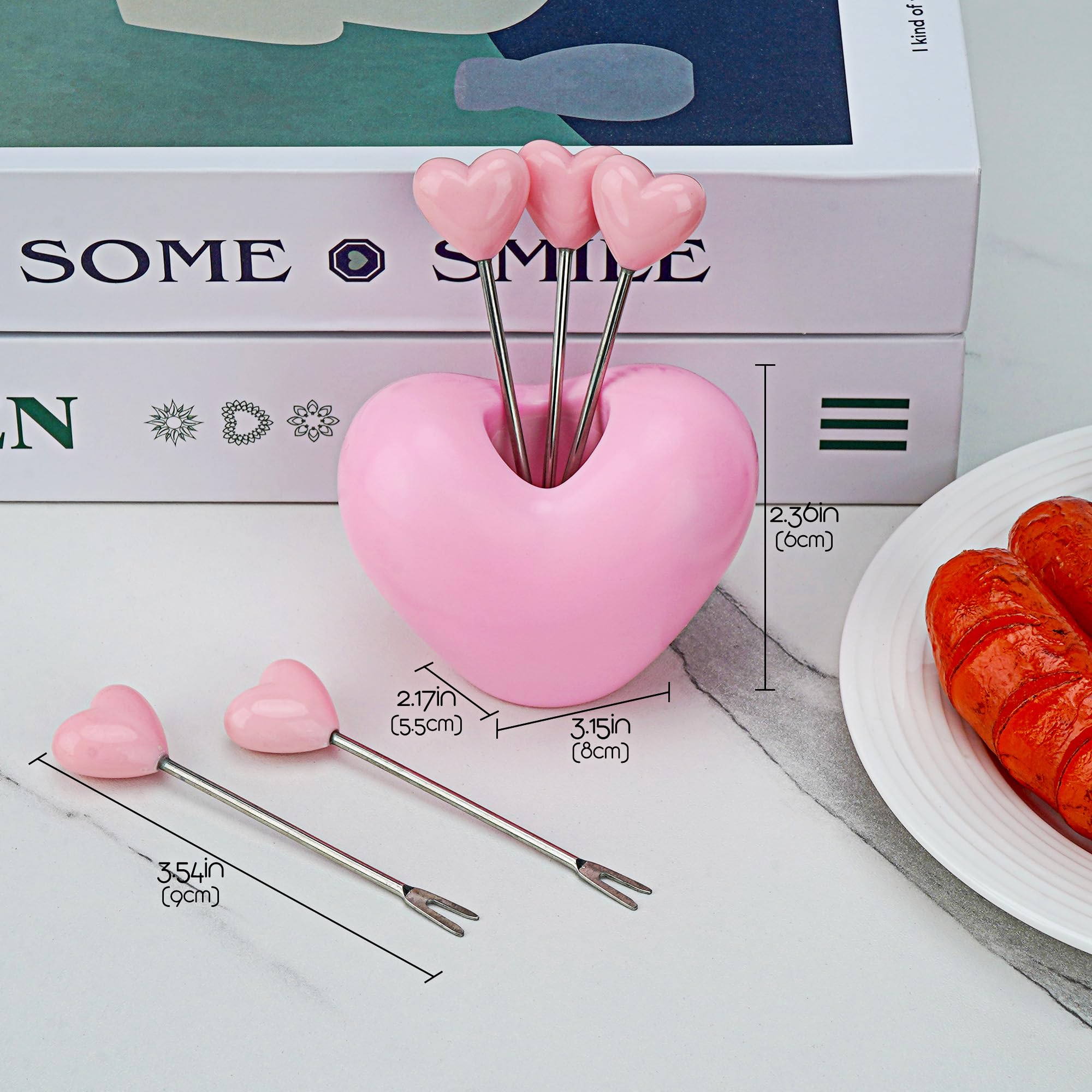 5-Piece Stainless Steel Heart-Shaped Fruit Forks Set with Holder - Perfect for Cake, Dessert, Fruit Platter, Sweet Food Picks - Ideal for Weddings, Parties, and Home Entertaining (Pink)