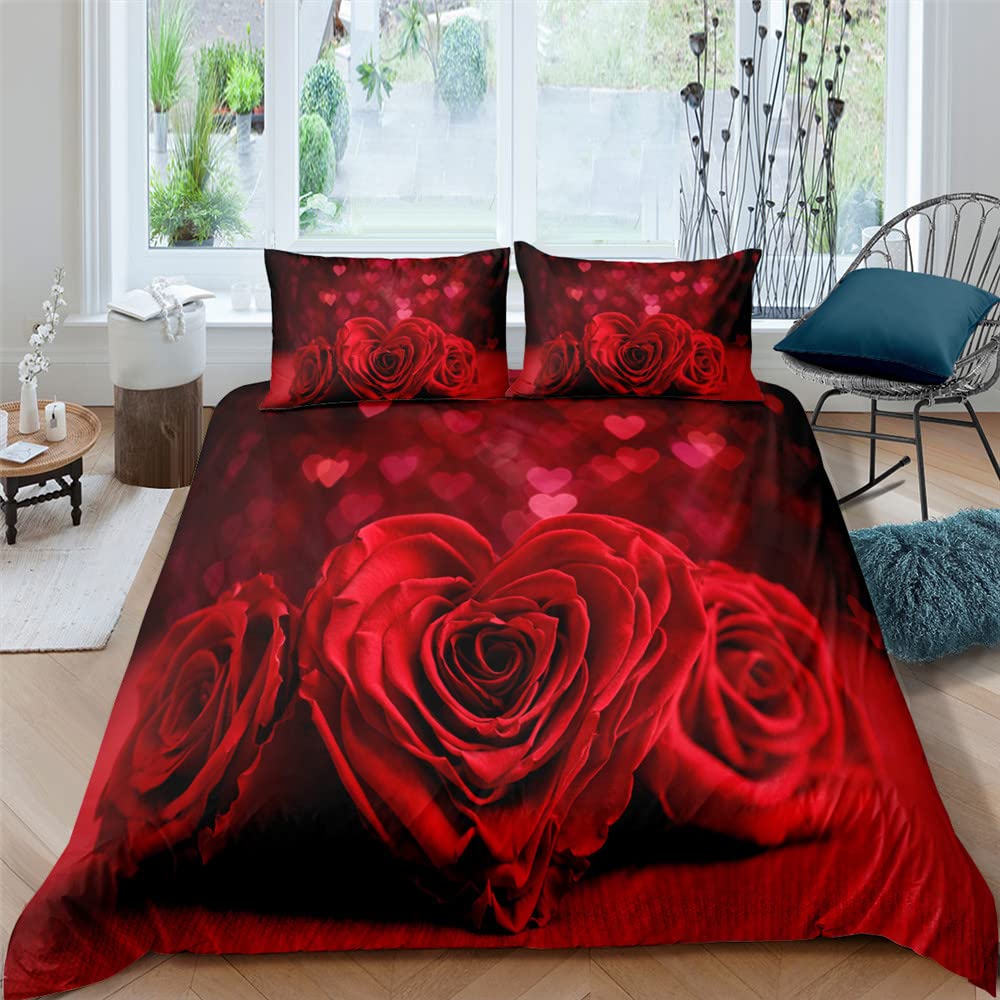 3D Printed Red Rose Floral Duvet Cover Set - Full Size 3 Piece Bedding Set with Love Rose Design | Perfect for Romantic Bedroom Decor, Valentine's Gift & Master Bedroom Upgrade