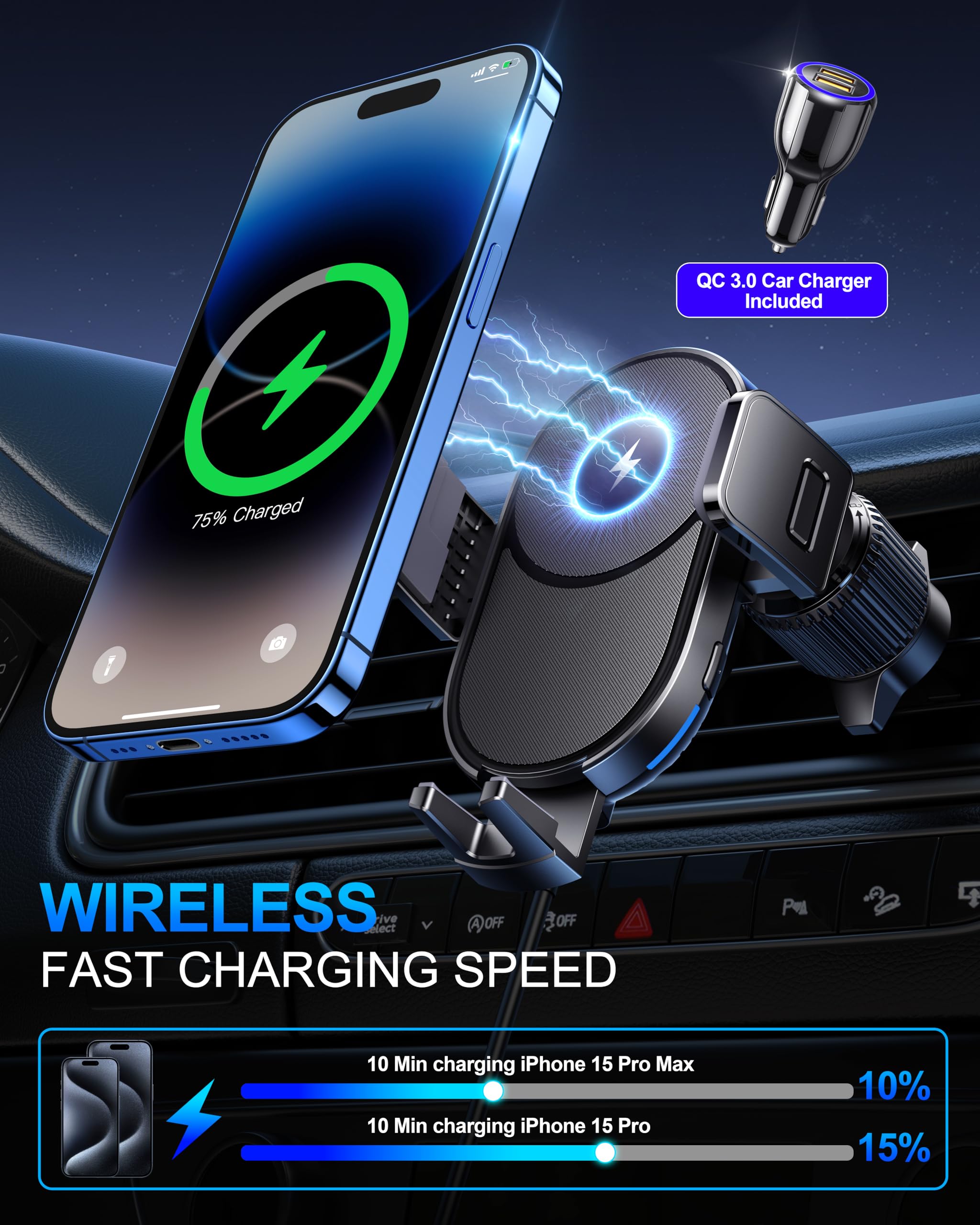 15W Fast Wireless Car Charger & Phone Holder - Auto Clamping Air Vent Mount for iPhone 15/14/13/12/11/X, Samsung Galaxy S23/S22/S21 - Perfect for Commuting & Road Trips
