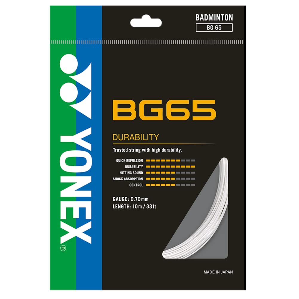 Yonex BG65 Badminton Strings 0.70mm White - High Performance Synthetic Gut for Power & Control - Perfect for Tournament Play & Training