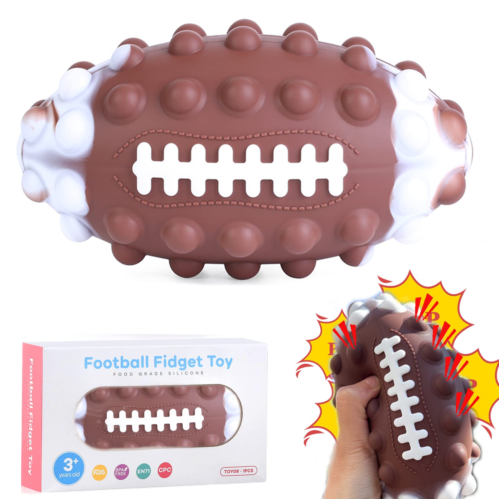 OriCraft Pop Bubble Football Toy - Silicone 3D Stress Relief Sensory Fidget Toy for Anxiety - Hand Exercise Squeeze Ball for Kids & Adults - Perfect for Office, Classroom, and Home Relaxation (Brown)