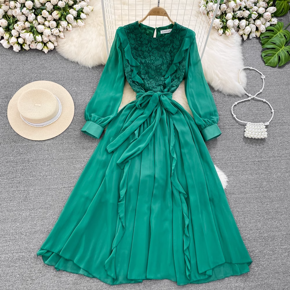 Elegant Long Sleeve Round Neck Lace A-Line Ruffled Maxi Dress for Women - Perfect for Weddings, Parties & Formal Occasions
