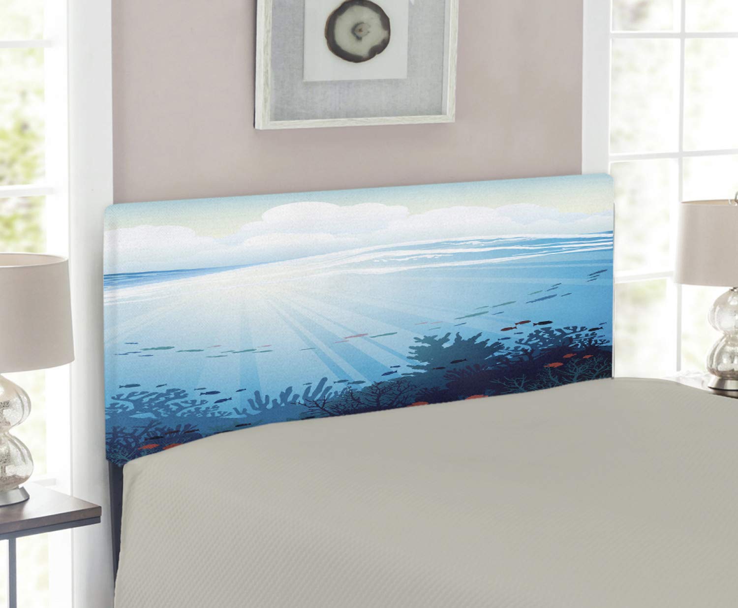 Ambesonne Ocean Fish Aquarium Coral Reef Waves Upholstered Headboard - Twin Size Teal Turquoise Blue Memory Foam Metal Bed Frame - Perfect for Kids' Rooms, Beach Themed Bedrooms & Coastal Home Decor