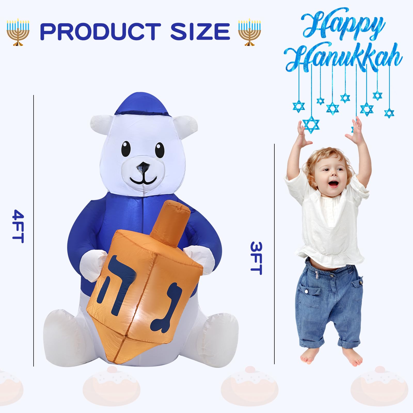 4ft Hanukkah Inflatable Outdoor Decorations - LED Light-Up Hanukkah Bear for Indoor/Outdoor Patio, Garden & Yard - Holiday Party, Festival & Home Decoration