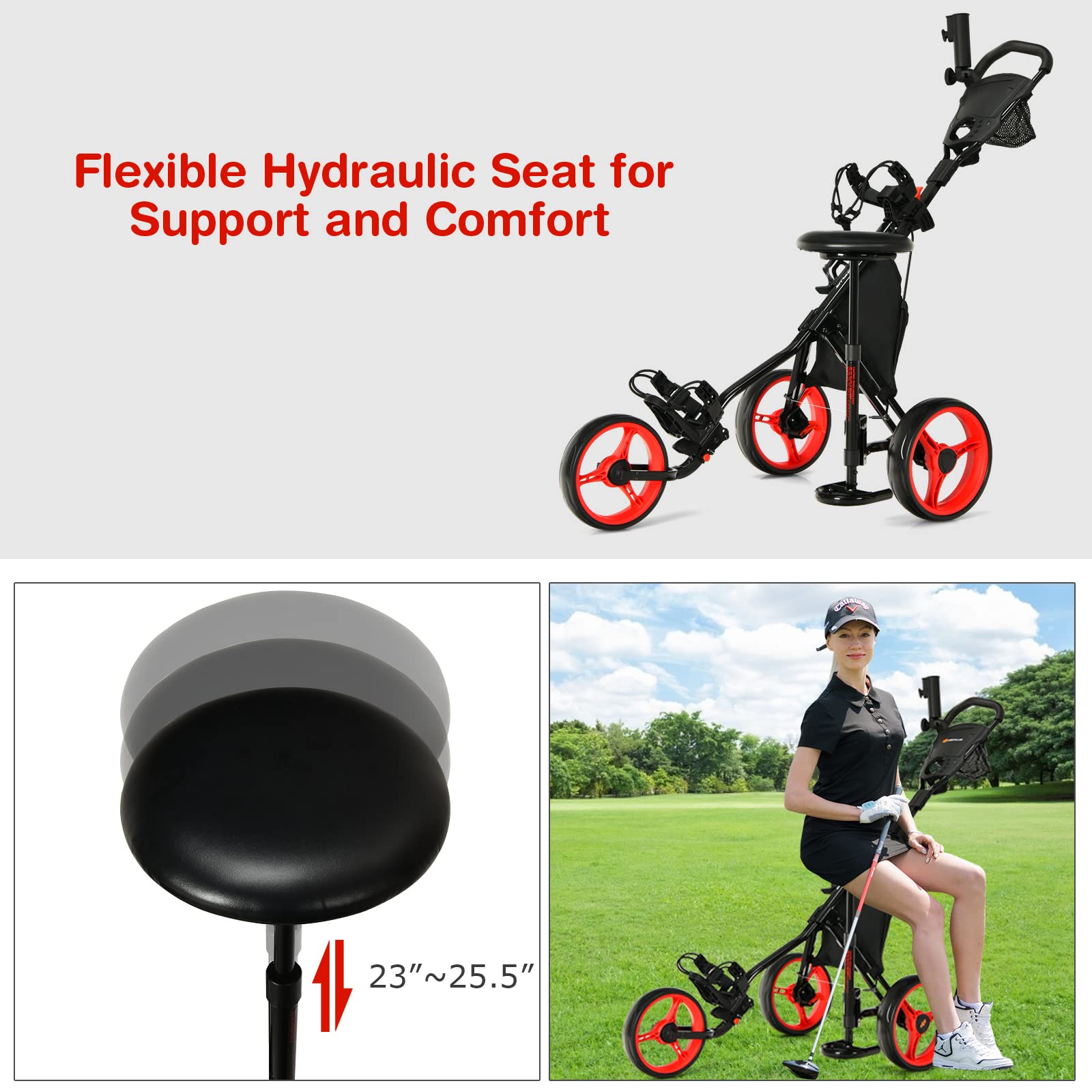 GYMAX 3-Wheel Golf Push Cart - Foldable Lightweight Golf Trolley with Adjustable Height, Umbrella Holder, Hydraulic Seat, Storage Bag & Cup Holder | Perfect for Golf Clubs, Courses & Outdoor Practice