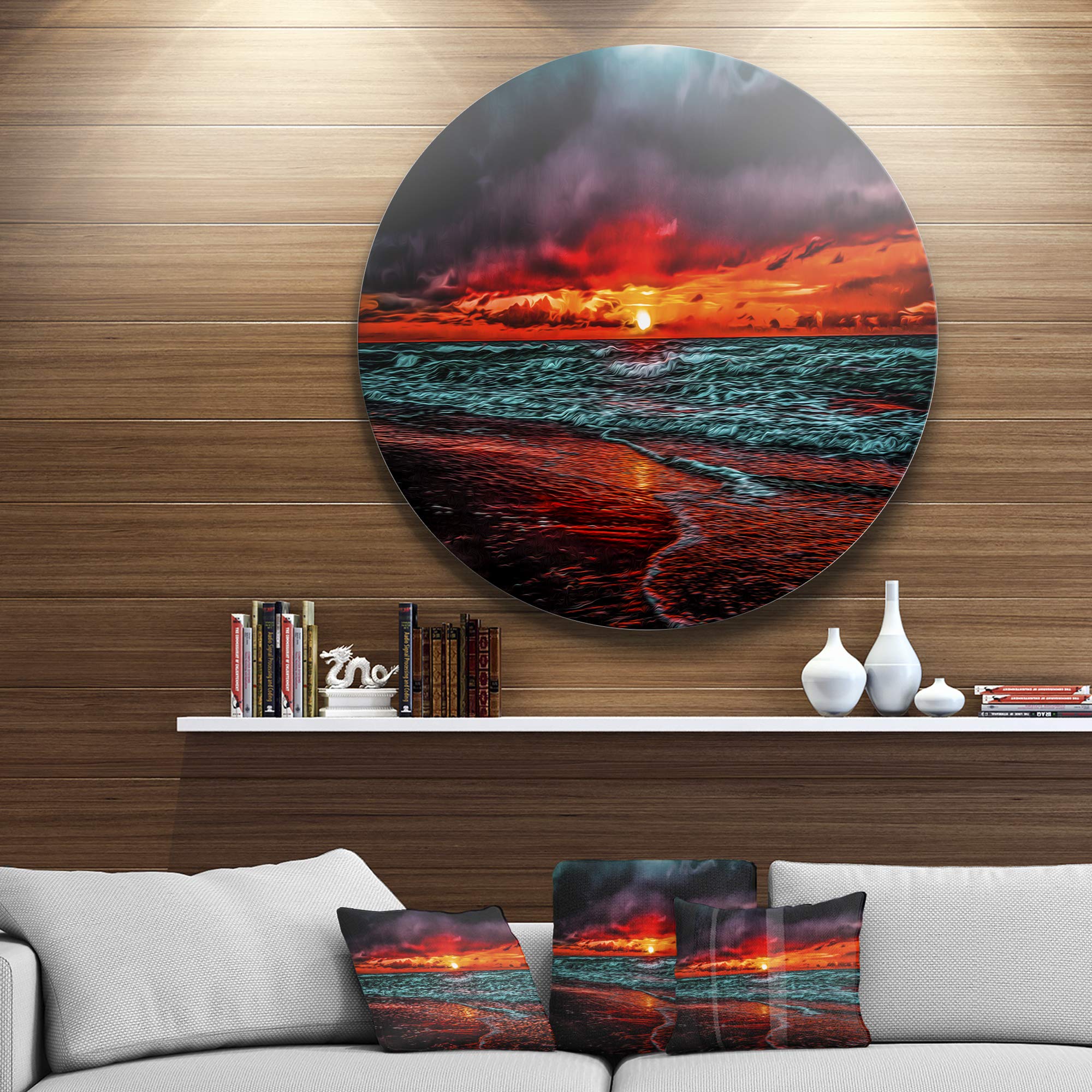 DesignArt Round Metal Wall Art - Red Sunset Over Blue Waters, Ultra Vibrant Seascape Decor for Living Room, Bedroom & Office | Durable Indoor Metal Wall Decor