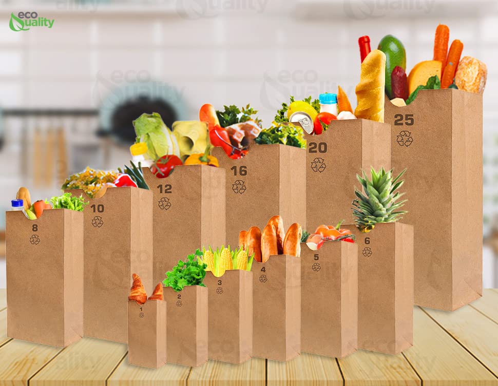 EcoQuality 16 lb Brown Kraft Paper Bags - Small Recyclable Lunch Bags for Snacks, Gifts, Groceries & Parties (7.75