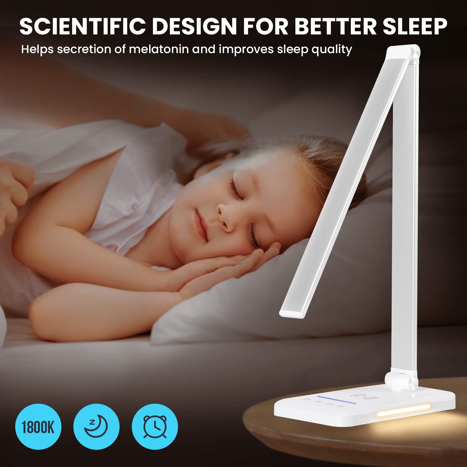 LED Desk Lamp with Night Light - Fast Wireless Charger & USB Port, 10 Brightness Levels & 5 Color Modes, Dimmable Touch Control Bedside Lamp with Auto Timer (1200Lux) for Home Office, Study, Reading & Bedroom Lighting