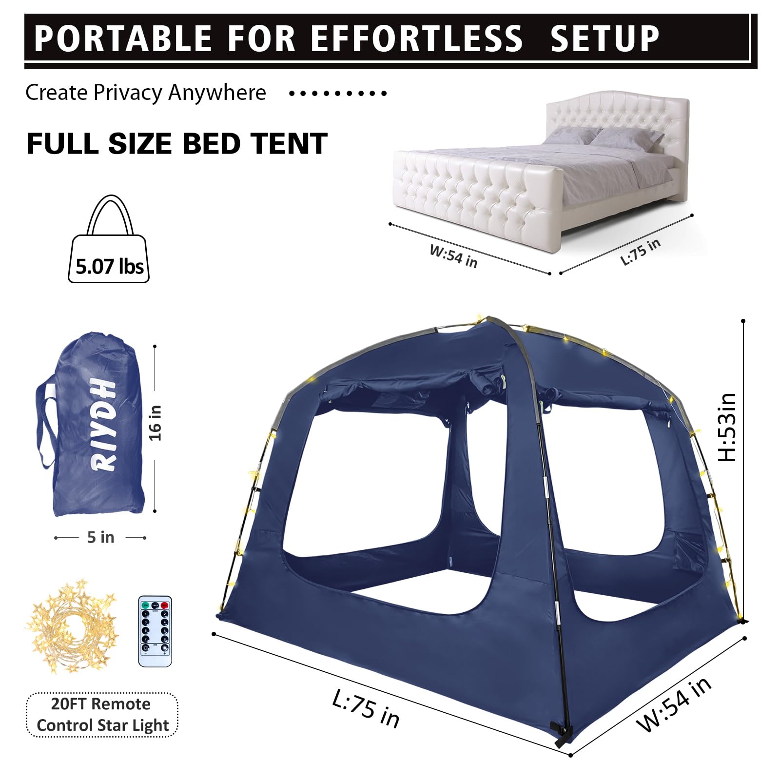 Breathable Bed Tent Canopy for Adults & Kids - Light Reducing Sleep Tent for Twin, Full, Queen & King Size Beds | Portable Indoor Bed Canopy with 4 Doors & String Lights | Perfect for Camping, Sleepovers & Creating Cozy Bedroom Spaces