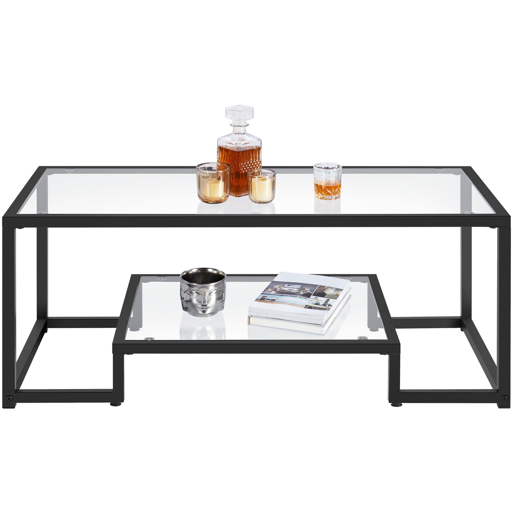 Topeakmart 2-Tier Modern Coffee Table with Tempered Glass Top & Sturdy Metal Frame - Side Table with Storage Shelf for Living Room, Office - Perfect for Displaying Decor, Books & Magazines
