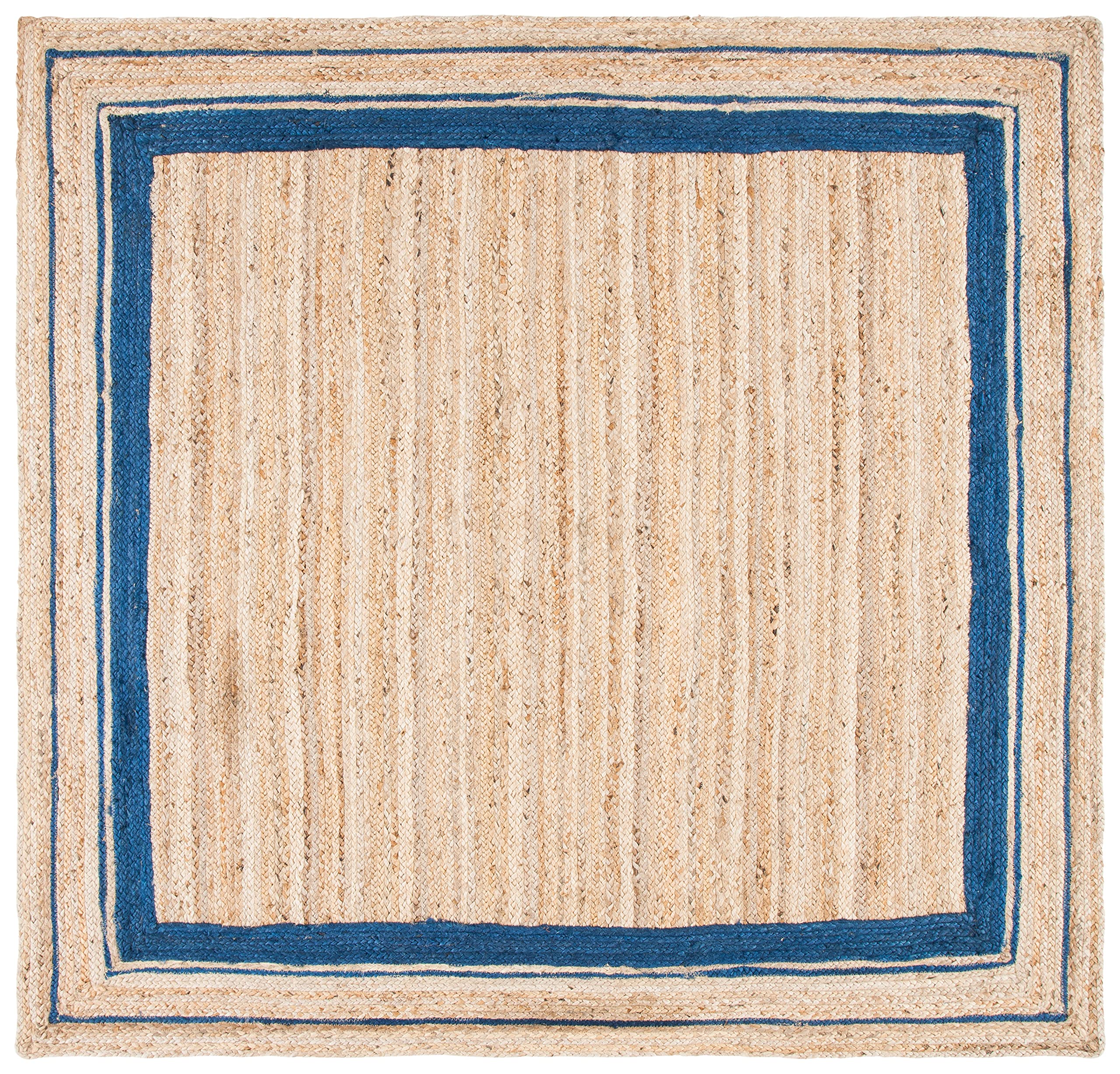 SAFAVIEH Handmade Jute Area Rug 6' x 6' Square - Natural Fiber Farmhouse Rug with Navy Border (NF109N) | Perfect for Living Room, Bedroom & Boho Home Decor