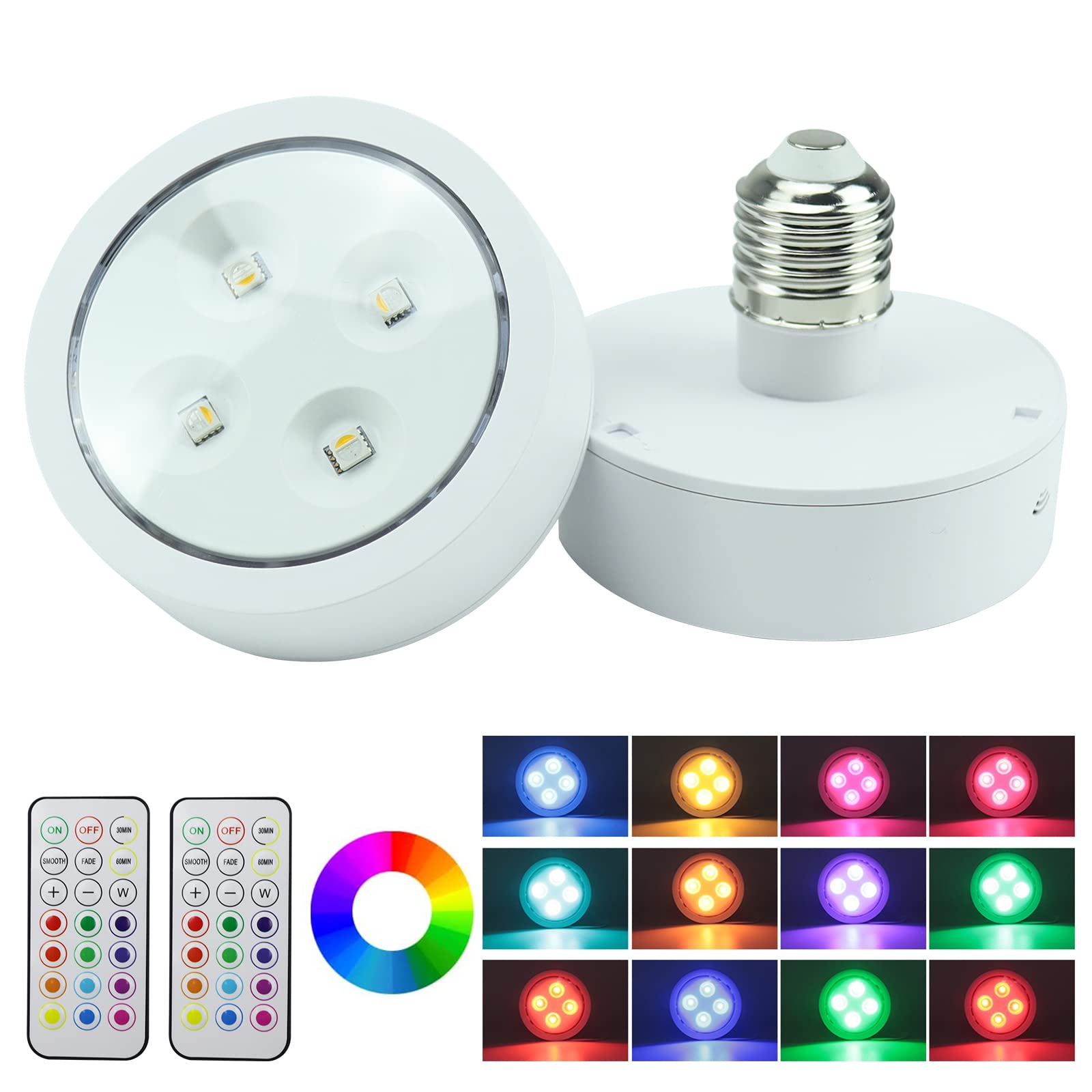 2 Pack Battery Operated LED Light Bulbs - Dimmable E26 Base, 13 Color RGB Changing Puck Lights with Remote Control & Memory Function - Perfect for Non-Electric Chandeliers, Wall Sconces, Closets, Camping & Emergency Lighting