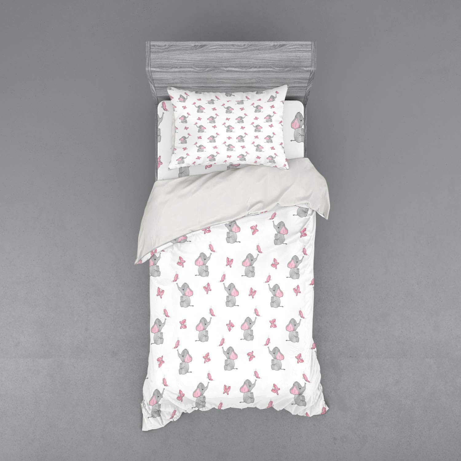 Ambesonne Animal Cartoon Bedding Set - Playing Butterflies Design 3-Piece Duvet Cover with Sham & Fitted Sheet, Twin XL Size in Pale Pink White Grey - Perfect for Kids' Rooms, Nursery Decor & Cozy Bedroom Makeovers