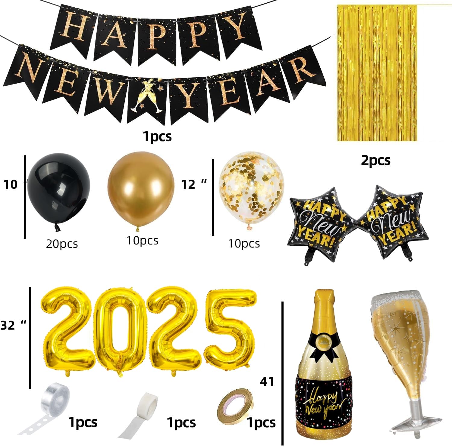 2025 New Year Balloons Kit - Happy New Year Party Decorations with Foil Balloon Banner, Tassel & Latex Balloons - Perfect for NYE Party Backdrop, Home Decor & Holiday Gift (Balloon Tinsel Set)