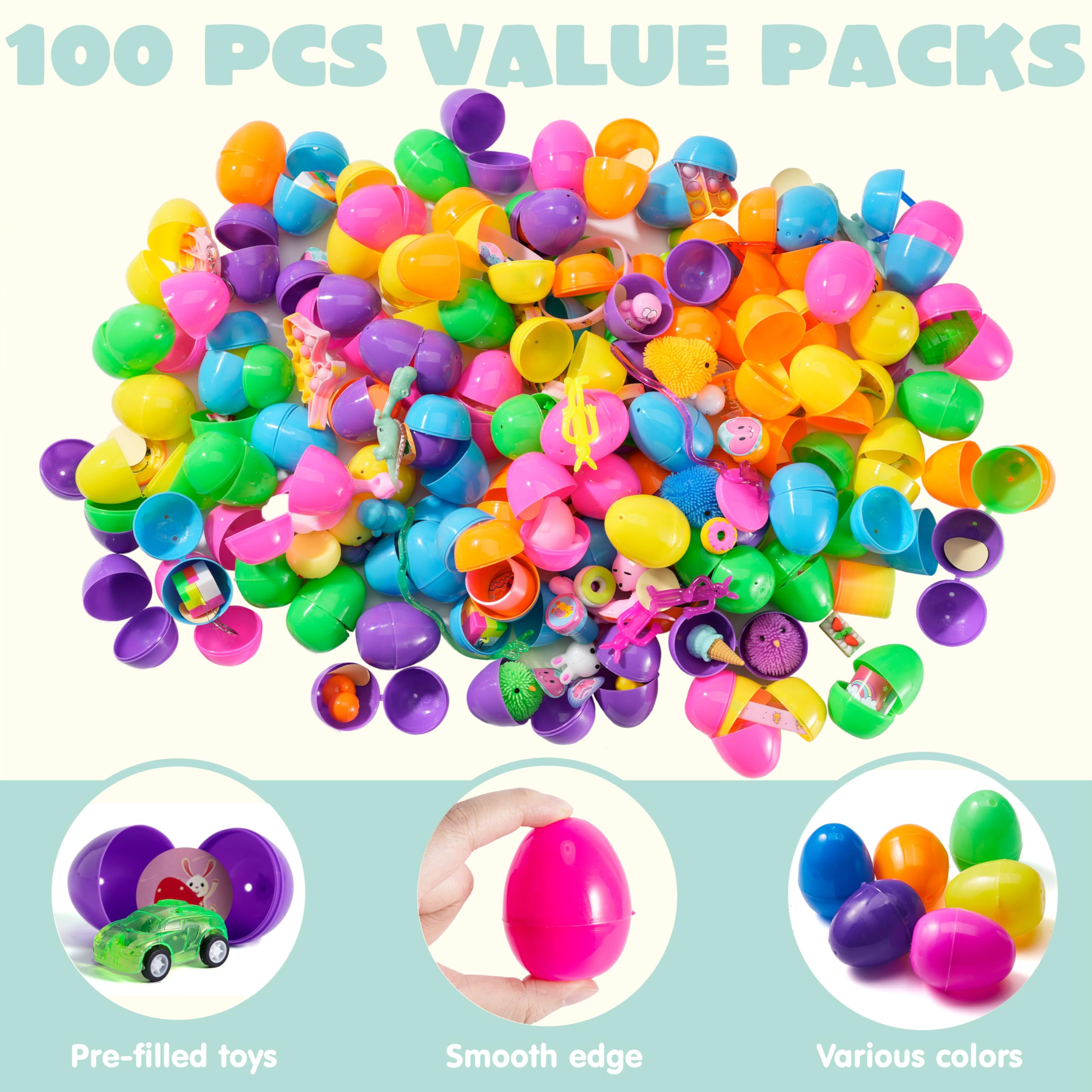 JOYIN 100 Pcs Prefilled Easter Eggs with Assorted Toys - Easter Egg Hunt Supplies, Party Favors, Basket Stuffers, Classroom Prizes for Kids - Perfect for Easter Celebrations, Birthday Parties & School Activities