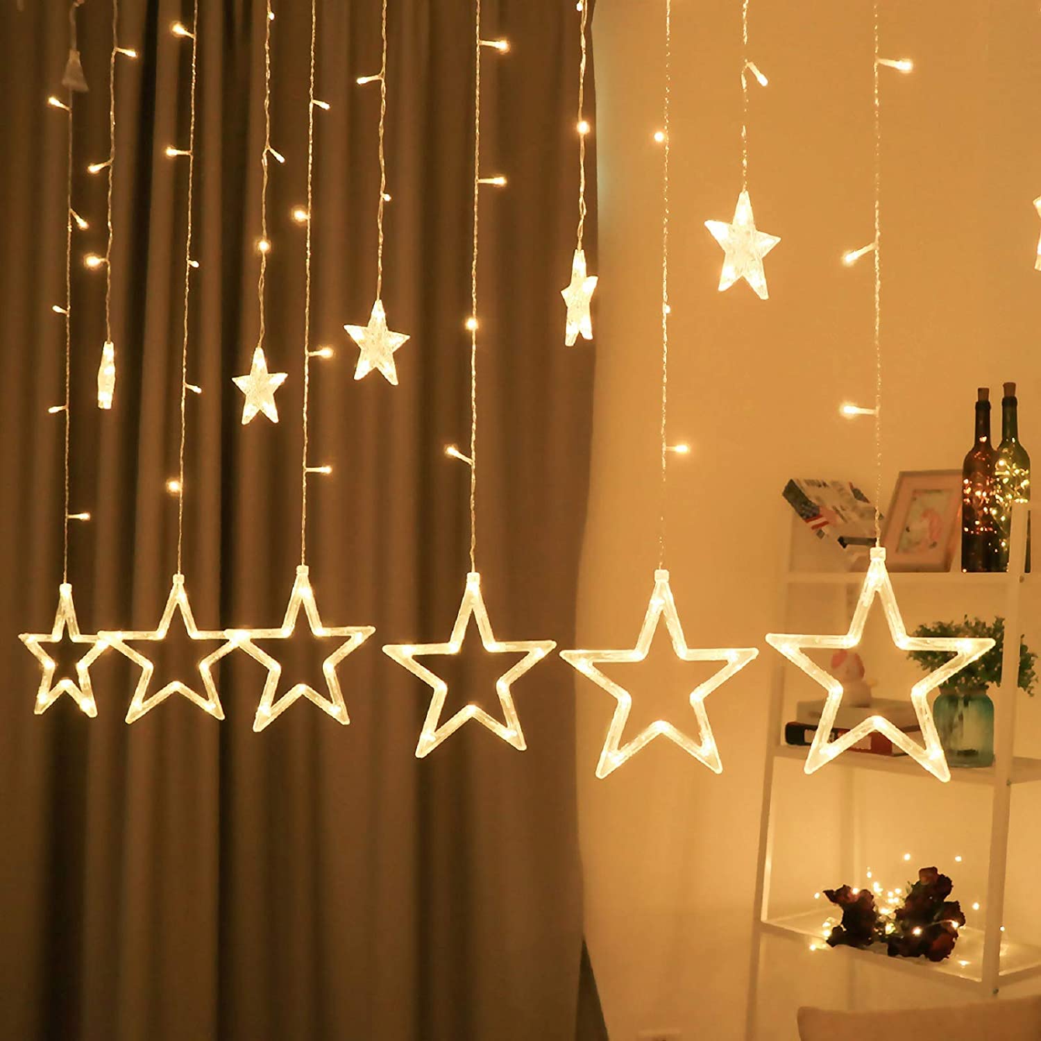 12 Stars 138 LED Twinkle Star String Lights - Christmas & Ramadan Window Decorations with Hook Hangers - Perfect for Bedroom, Party, Wedding & Holiday Home Decor