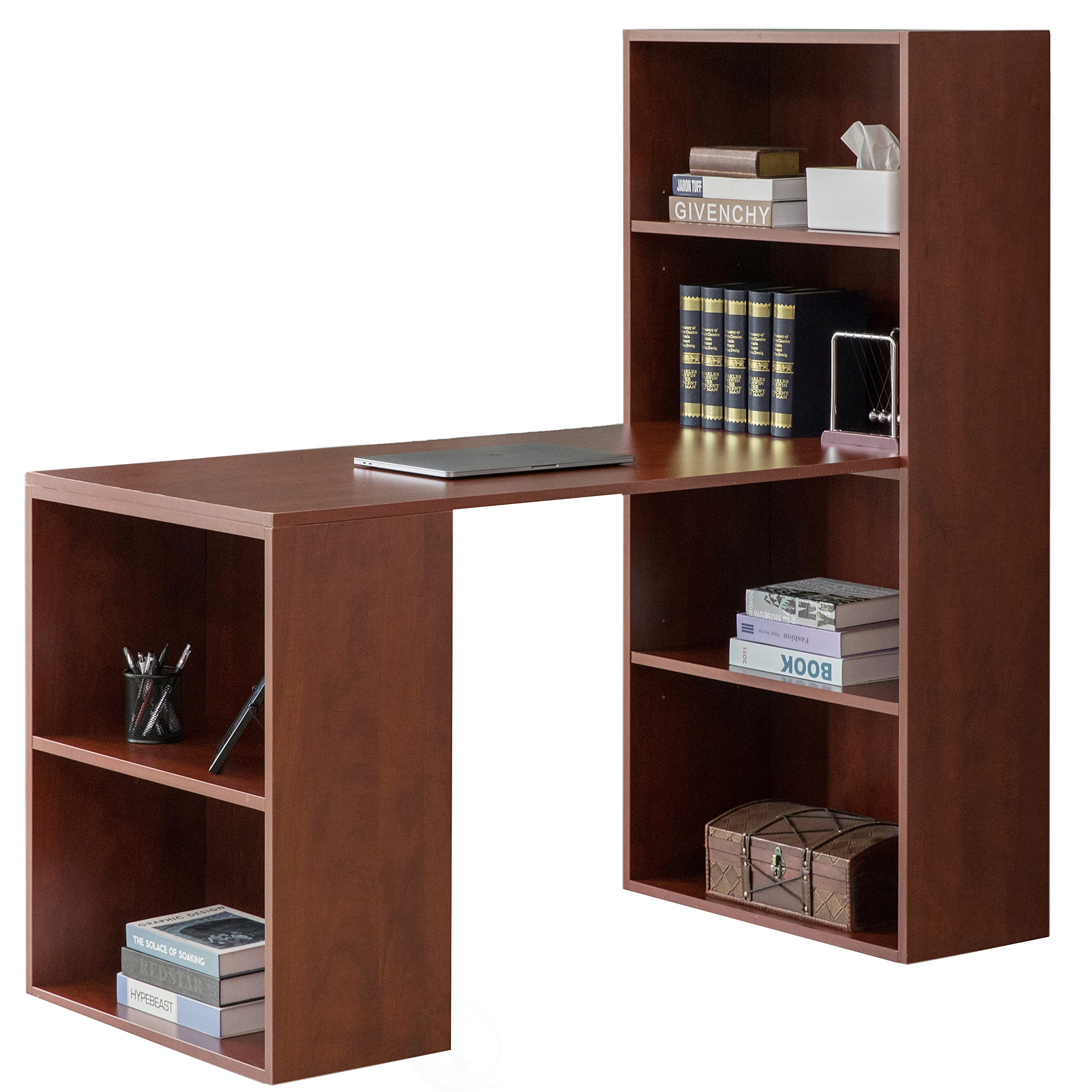 Basicwise Computer Writing Workstation Table with Combo Bookshelf Bookcase - Cherry Large (QI004018.CR.L) | Home Office Desk with Storage Shelf for Study, Work & Gaming