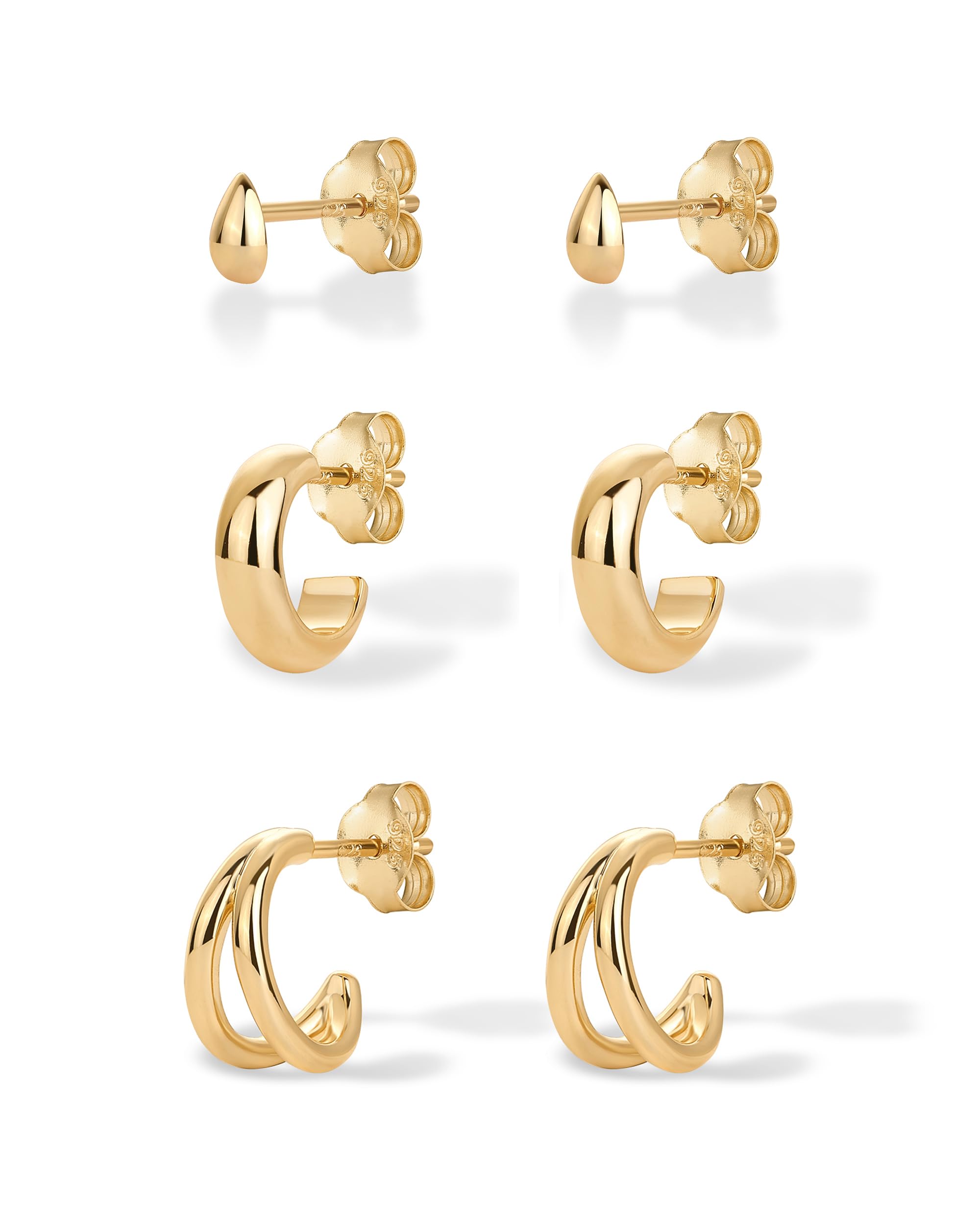 PAVOI 14K-18K Gold Plated Sterling Silver Small Hoop Earrings for Women - 3 Pairs Cubic Zirconia Rope Teardrop Huggie Earrings Set | Elegant Everyday Wear, Party Jewelry & Gift for Her