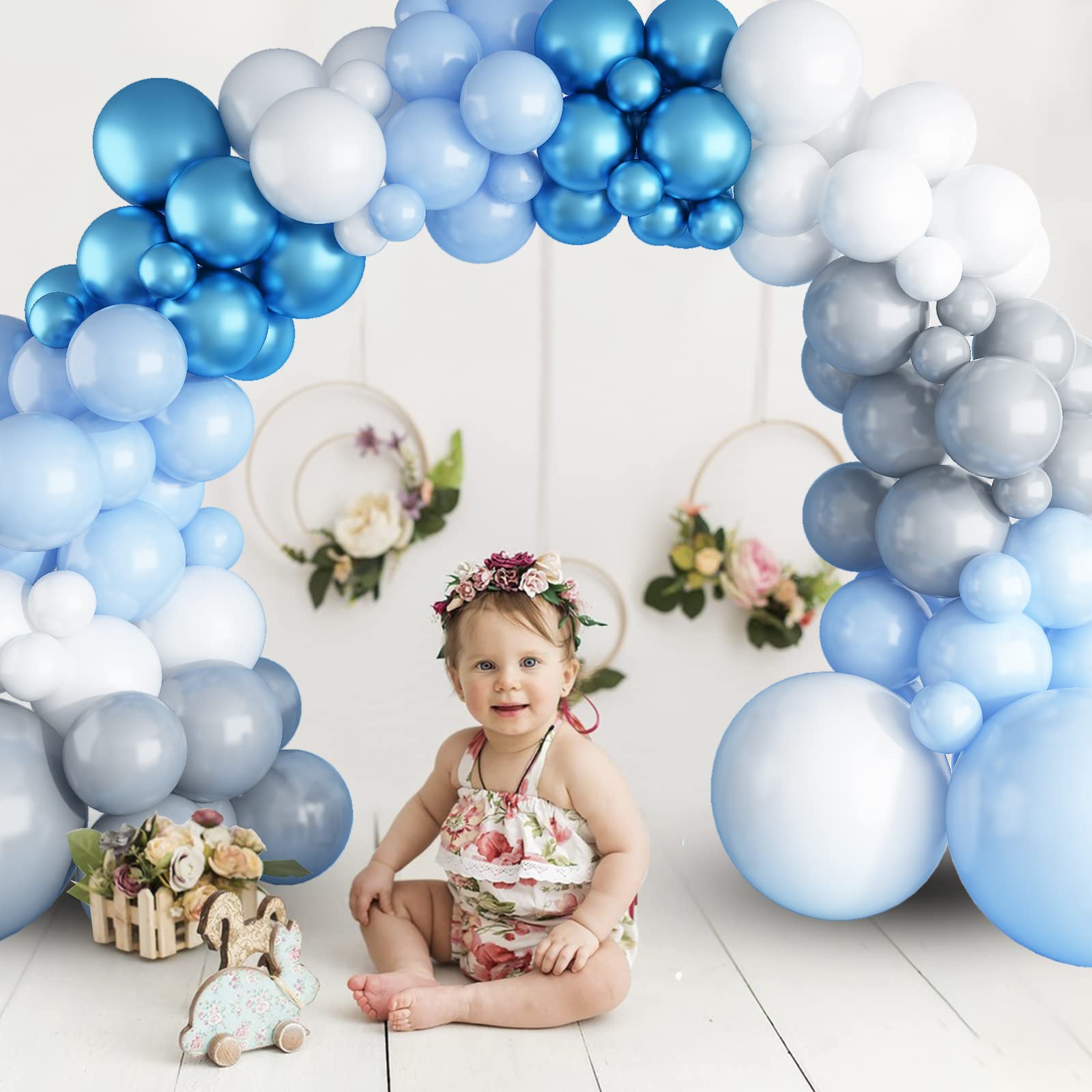 Blue White Metallic Balloon Arch Garland - Silver Grey Pastel Balloons for Birthday Party, Gender Reveal, Baby Shower & Anniversary Decorations | Helium Latex Balloons for Indoor & Outdoor Events