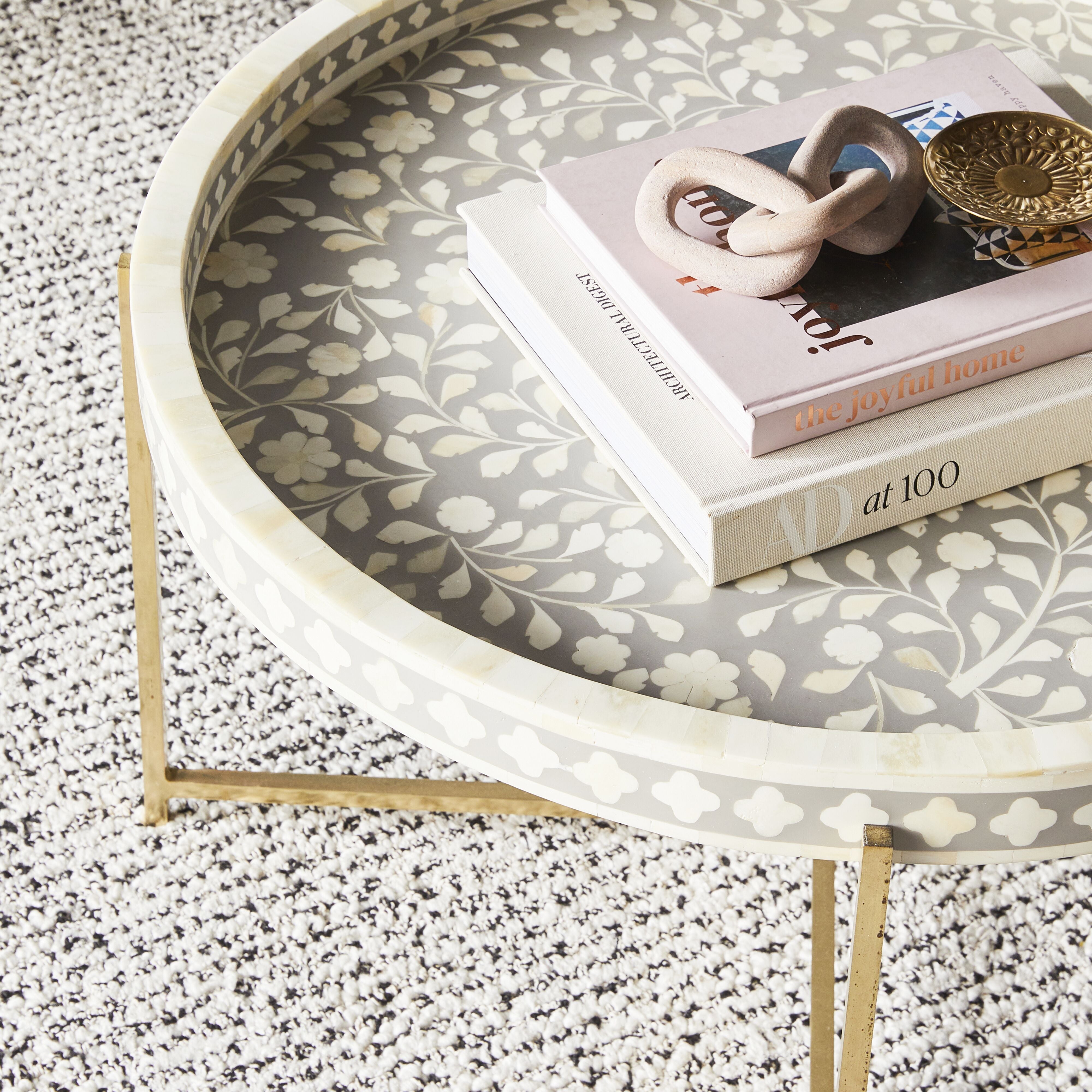 Elegant Bone Inlay Round Coffee Table with Gold Frame - 75cm Grey Home Decor for Living Room, Lounge & Office