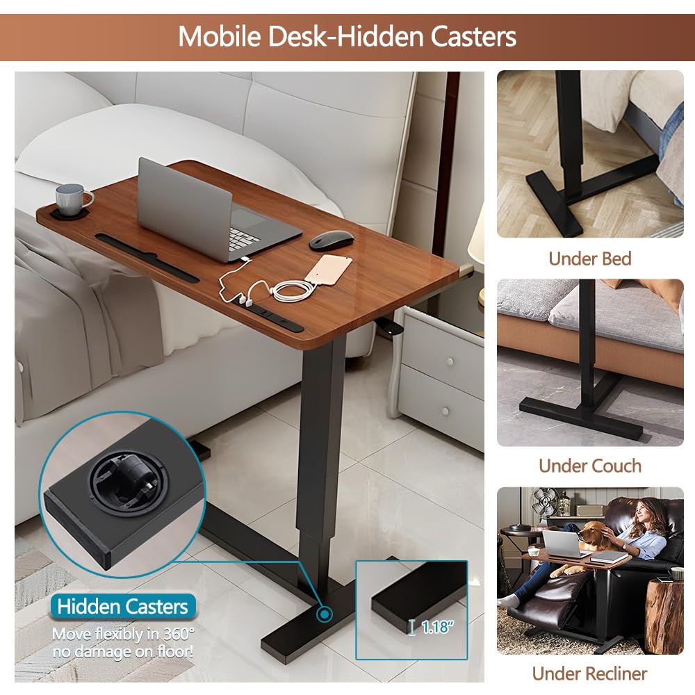 Adjustable Overbed Table with Wheels & USB Port - Hospital Bed Table, Pneumatic Height Adjustable for Home & Medical Use - Walnut & Marble White Finish - Perfect for Eating, Working, Reading in Bed or Recovery