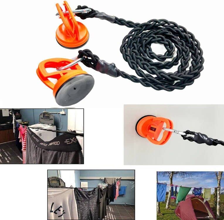 Braided Elastic Travel Clothesline with 2 Strong Suction Cups | Portable Laundry Drying Rope for Camping, Hiking & Hotels | Secures to Walls, Tiles, Trees or Poles | Quick-Dry Bungee Cord for Outdoor & Travel Use