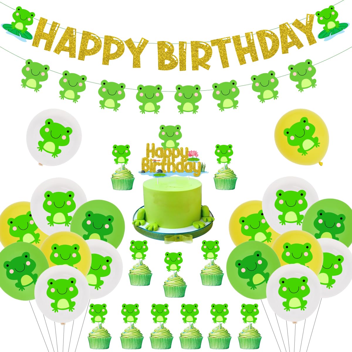 Frog Birthday Party Decorations Set - Happy Birthday Banner, Cake Toppers, Latex & Foil Balloons for Boys & Girls Birthday Party Supplies | Perfect for Jungle Theme, Baby Shower & Kids Birthday Celebrations