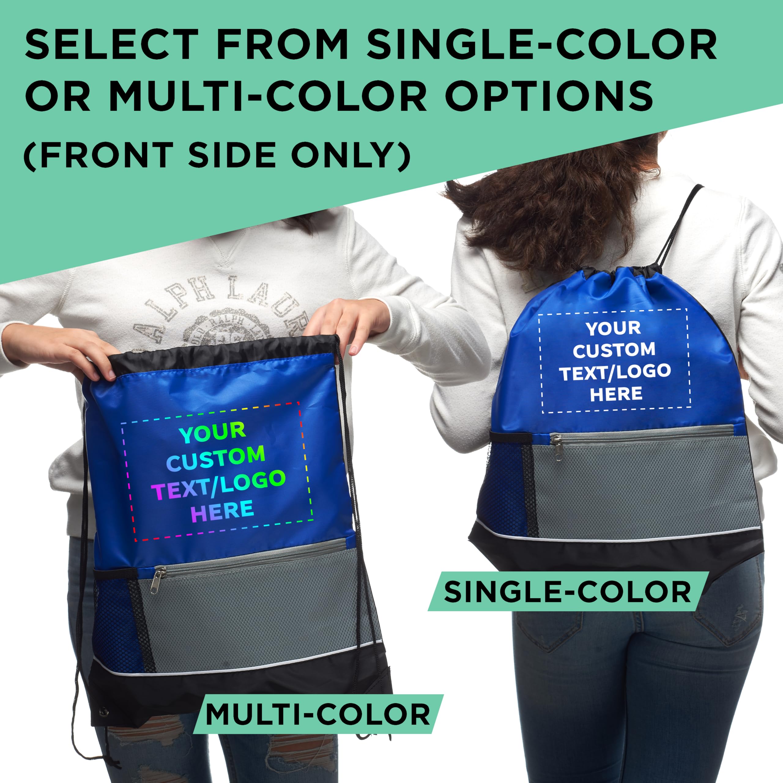 Custom Front Pocket Drawstring Backpacks - Bulk Pack of 100 Personalized Reusable Bags | Lightweight Sports & Promotional Backpacks in Blue | Perfect for School, Gym, Travel & Events