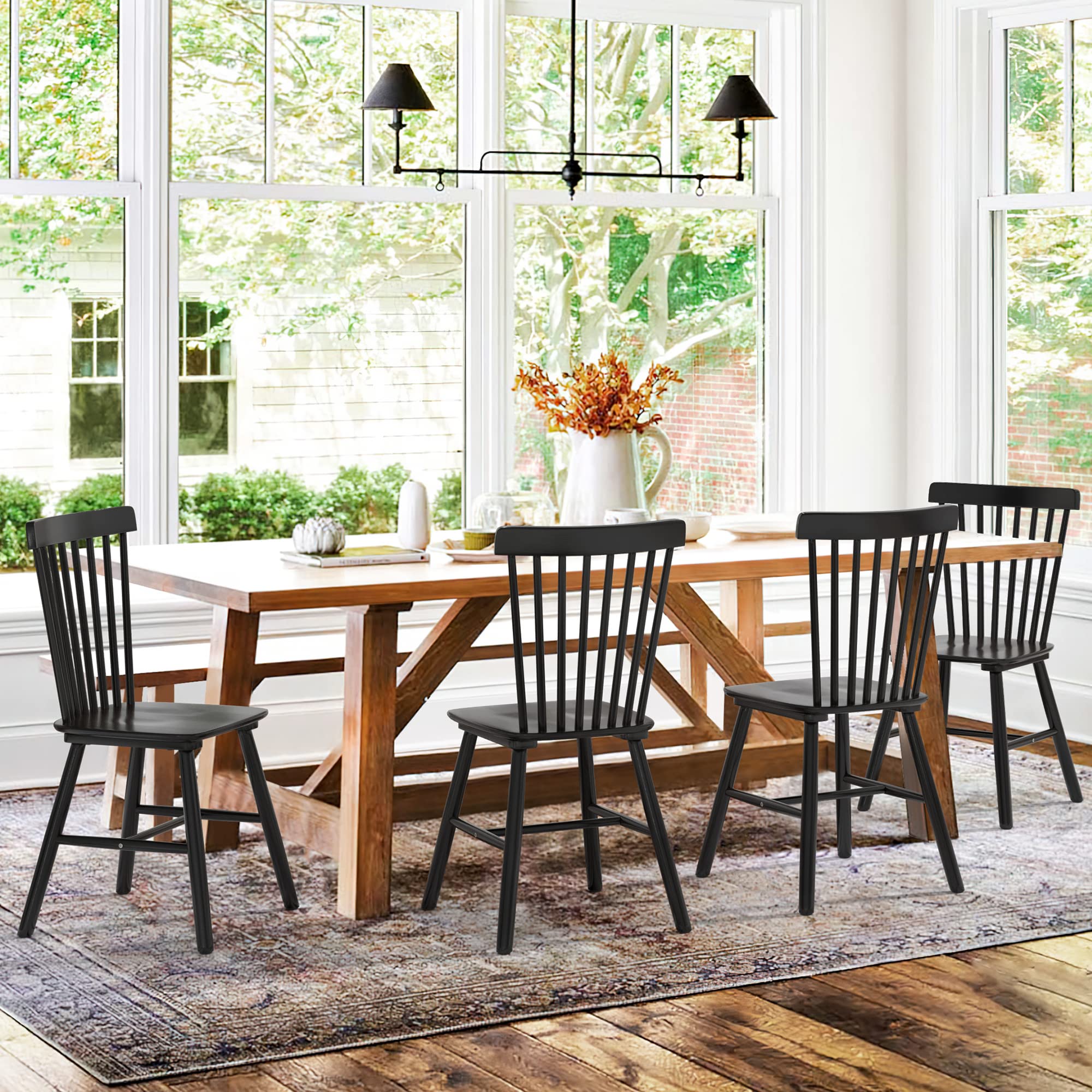 LUE BONA Windsor Dining Chairs Set of 2 - Solid Wood Spindle Back Farmhouse Style Kitchen & Dining Room Chairs in Black - Perfect for Country Homes, Breakfast Nooks, and Rustic Decor