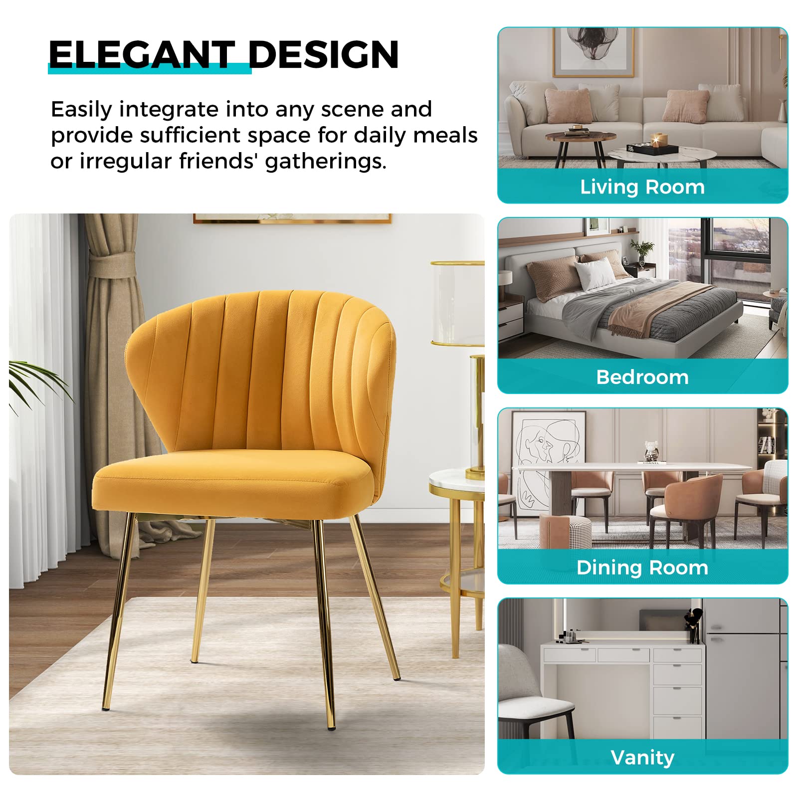 TINA'S HOME Modern Velvet Dining Chairs with Golden Metal Legs - Tufted Back Accent Chair for Living Room, Kitchen, Bedroom & Vanity | Small Upholstered Side Chair in Mustard Yellow - Perfect for Home Decor, Beauty Room & Patio Seating