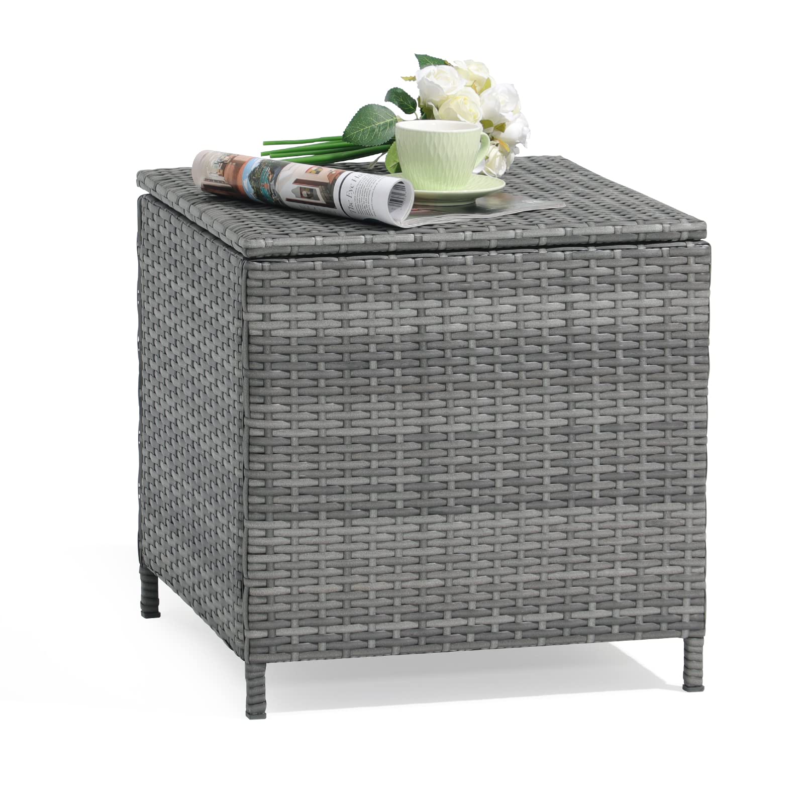 Verano Outdoor Wicker Side Table - Small Square Rattan Coffee Table with Storage for Garden, Porch, Deck, Living Room & Backyard - Weather-Resistant Resin Furniture (Gray) | Perfect for Patio Lounging, Poolside Relaxation & Outdoor Entertaining
