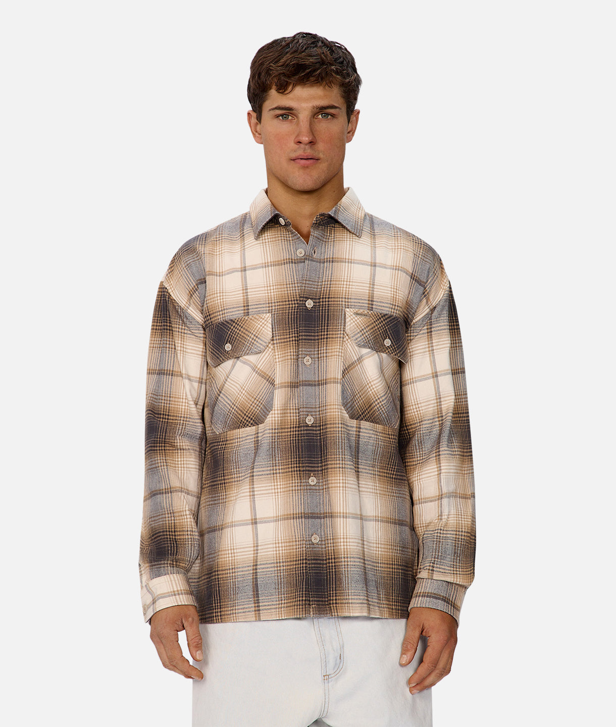 Dayton Long Sleeve Shirt - Wheat & Charcoal Plaid Flannel for Men | Comfortable Casual Wear for Fall & Winter | Perfect for Outdoor Activities, Work & Layering