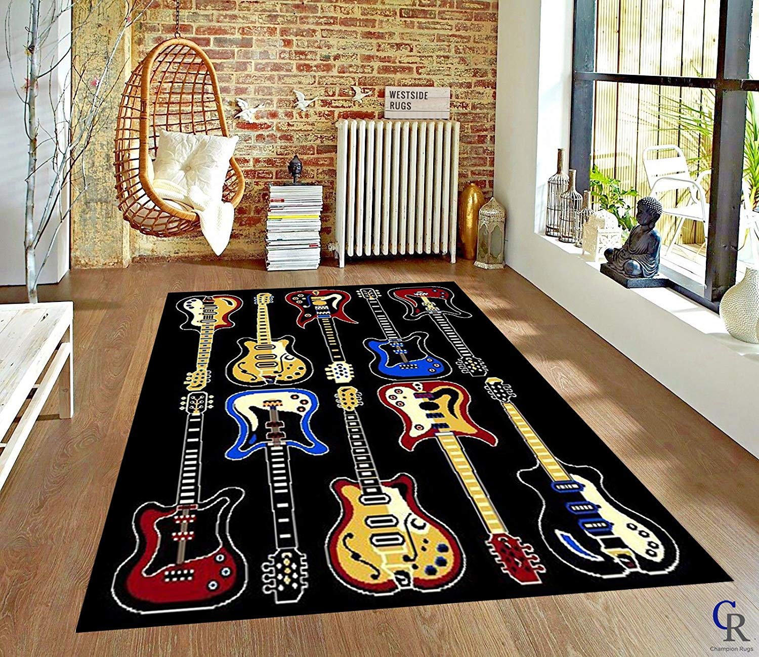 Champion Rugs Electric Guitar Themed Kids Area Rug - 5’3”x7’5” Colorful Music Room & Bedroom Decor - Perfect for Playrooms, Teen Bedrooms & Music Lovers’ Spaces