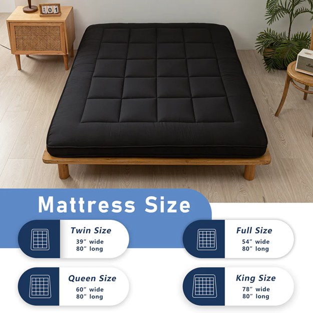 MAXYOYO Padded Japanese Floor Mattress - Black Foldable Roll Up Futon for Bedroom, Guest Room & Travel | Comfortable Floor Sleeping Mat for Adults & Kids