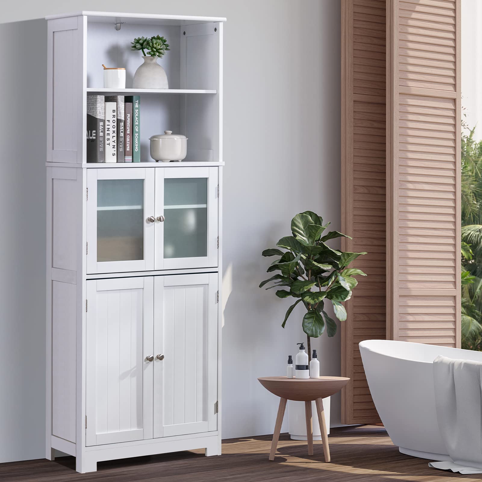 AUXSOUL Tall Bathroom Cabinet - Freestanding Storage Cabinet with Glass Doors & Adjustable Shelves - Wooden Floor Linen Cupboard for Bathroom, Living Room, Hallway - Perfect for Organizing Towels, Toiletries & Home Decor