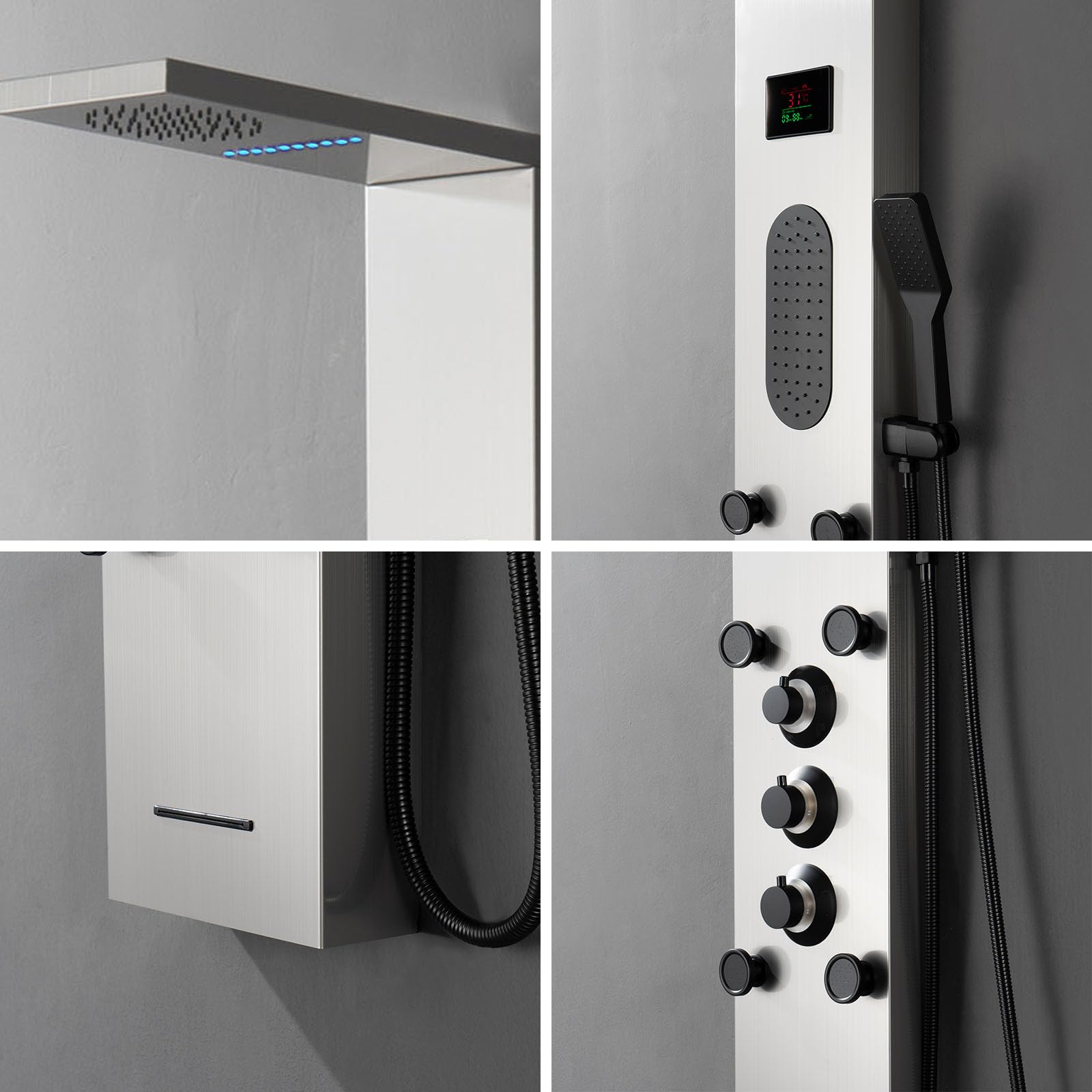 LED Shower Wall Panels with Rainfall Shower Head | Large Body Jet Massage System | Temperature Display & Adjustable Jets | Includes Tub Spout & Hand Shower in Brushed Nickel Finish | Perfect for Spa-Like Bathroom Renovations & Luxury Shower Experiences