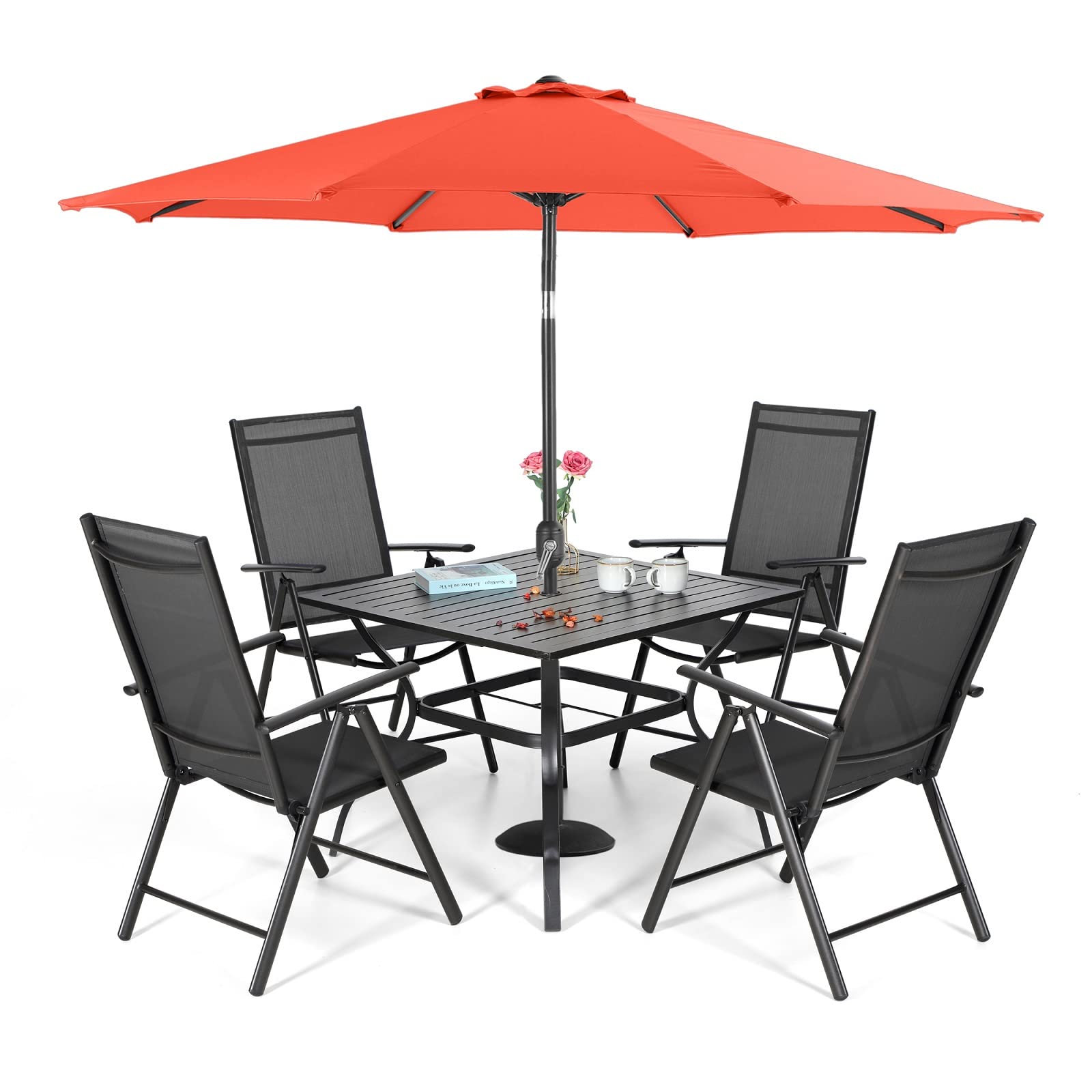 Sophia & William 5-Piece Outdoor Patio Furniture Set with 9ft Red Umbrella - Black Folding Sling Chairs & Square Metal Table with 1.57