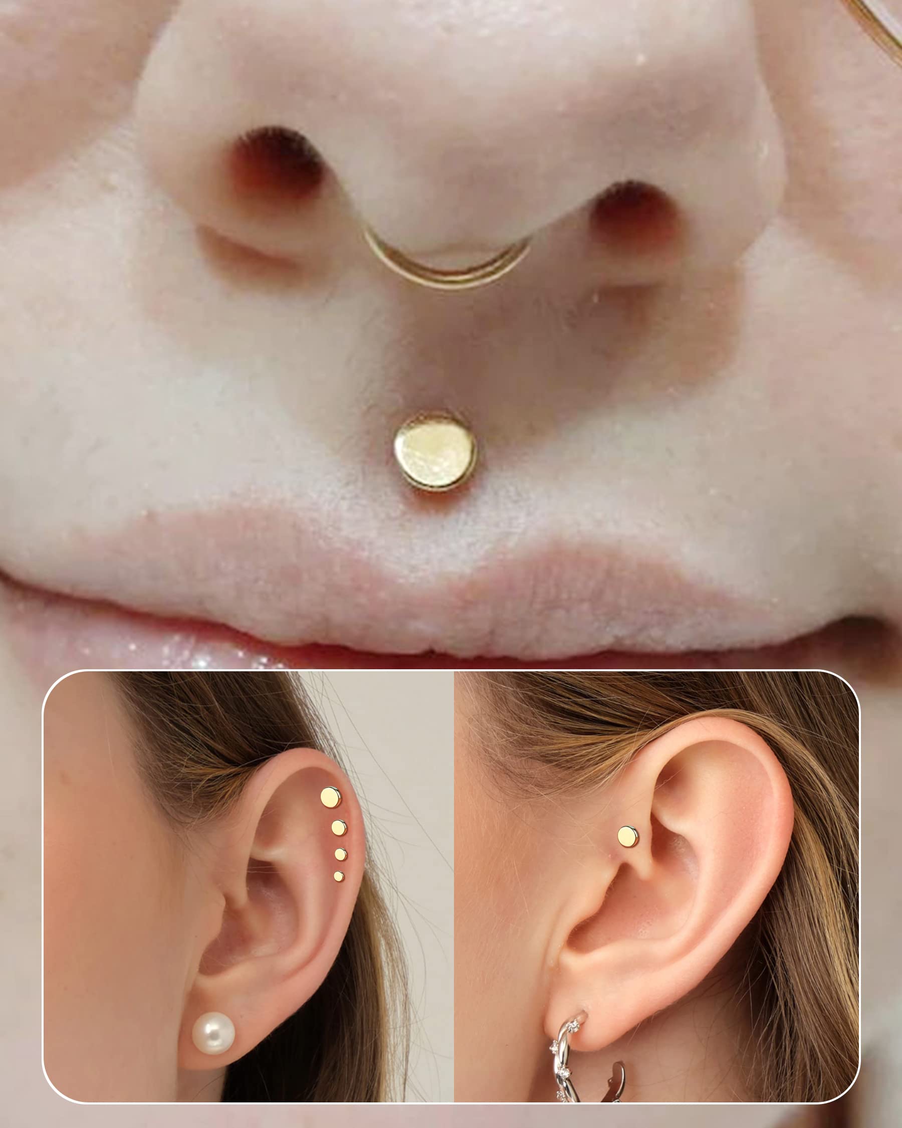 14K Gold Threadless Earrings - 16G Flat Back Labret Studs for Tragus, Conch & Helix Piercing | Tiny Disc Push-in Jewelry for Women | Perfect for Daily Wear & Special Occasions