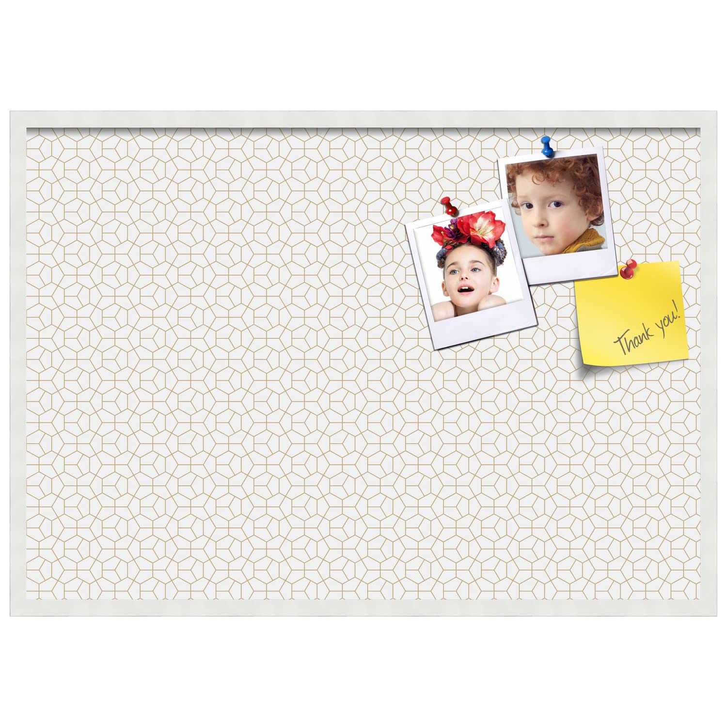 PinPix 40x28 Inch Cork Bulletin Board with Hex Gold Design & Satin White Frame - Stylish Wall Organizer for Home Office Decor, School Classroom, Dorm Room, or Workspace (PinPix-1537)
