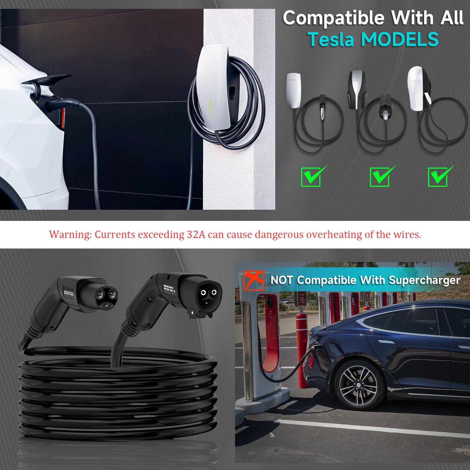 32A Tesla Charger Extension Cable - 20FT Heavy Duty EV Charging Cord for Level 1 & 2 with Storage Bag - Compatible with Tesla Models (Perfect for Home, Garage & Road Trip Charging)
