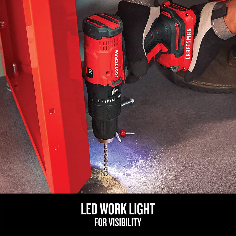 CRAFTSMAN V20 Cordless Hammer Drill Kit with 2 Batteries & Charger, 1/2 Inch Chuck, 20V Lithium-Ion Power Tool (CMCD711C2) - Perfect for DIY Projects, Home Repairs, and Professional Construction Work