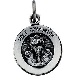 Sterling Silver Round Holy Communion Medal Necklace with 18